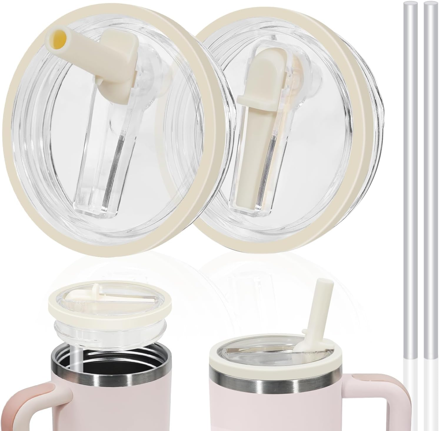 40Oz Spill Proof Flip Straw Lid Replacement for Stanley H2.0 Quencher,Leak Proof Tumbler Lid,2 Pack,Cream White,Pink