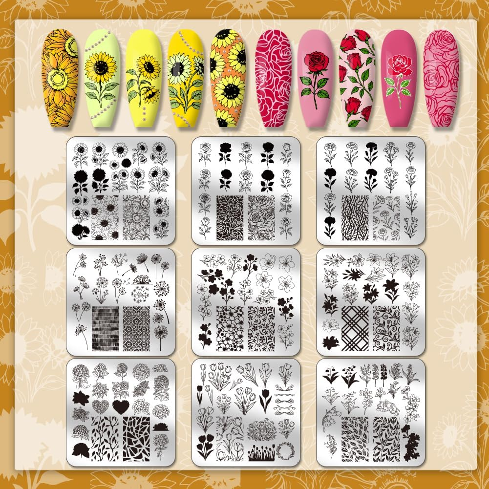 PH Pandahall Pack of 9 Floral Theme Nail Stamping Plates Sunflowers Nail Art Designs Rose Tulip Manicure Art Stencil Bouquet Nails Design Template Leaves Stamp Templates for Women Manicure image number 2