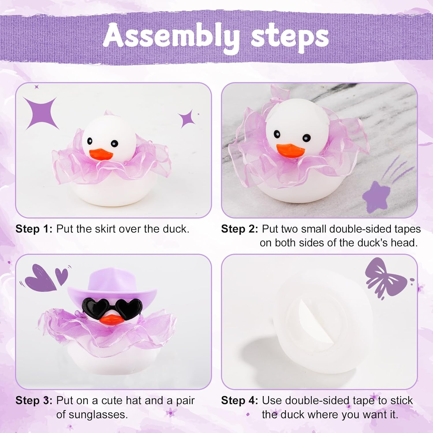 XIHIRCD Car Ducks for Dashboard, Cute Car Rubber Duck Ornament Purple Duck Decoration Accessories with Glasses Hat Skirt for Car Table Refrigerator Decoration