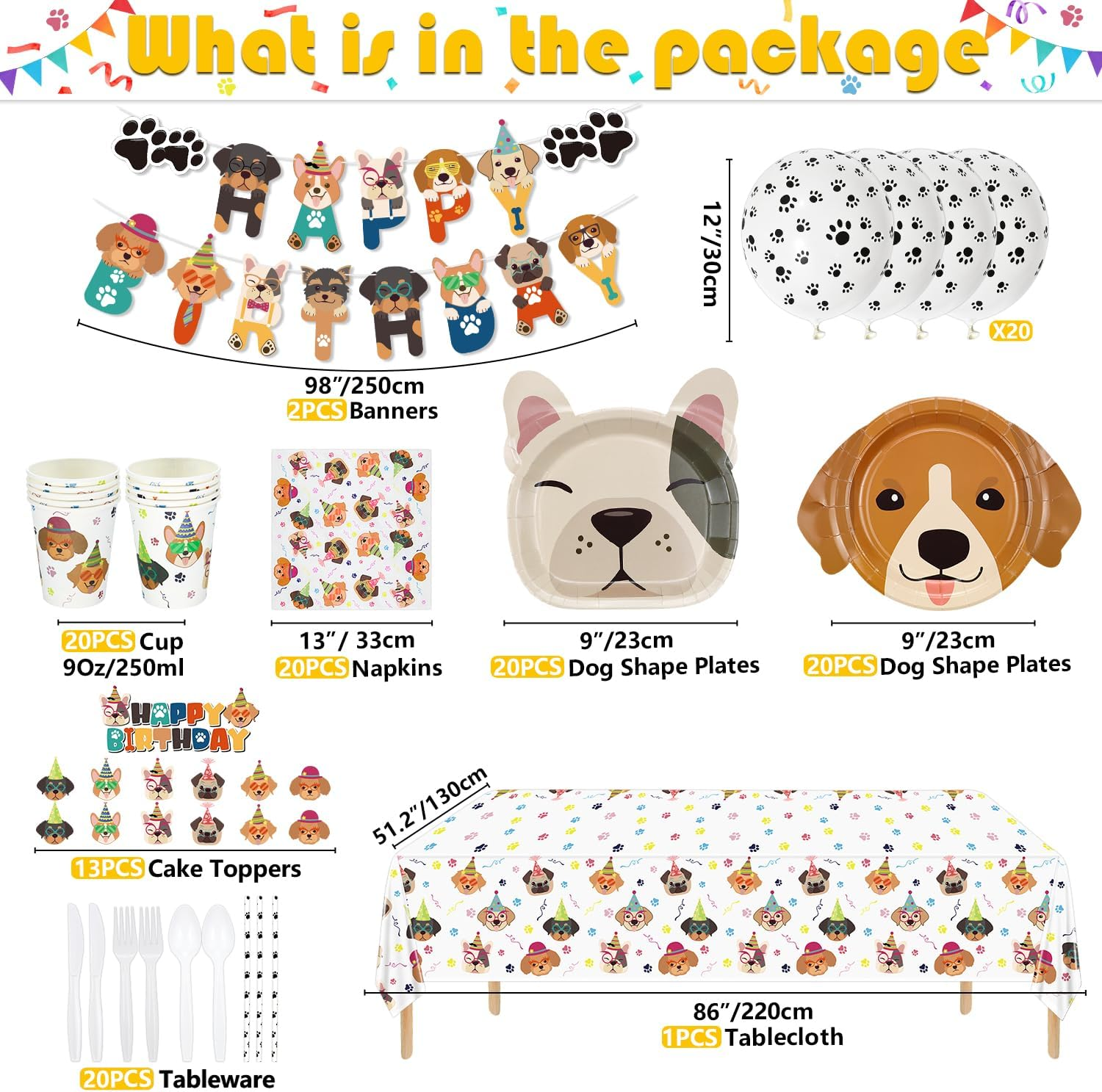 Dog Birthday Party Supplies - Cut Puppy Dog Paw Party Supplies for Doggy, Kids, Birthday Includes Plates, Cups, Napkins, Tableware, Tablecloth, Banner, Balloons, Cake Toppers - Serves 20&hellip; image number 1