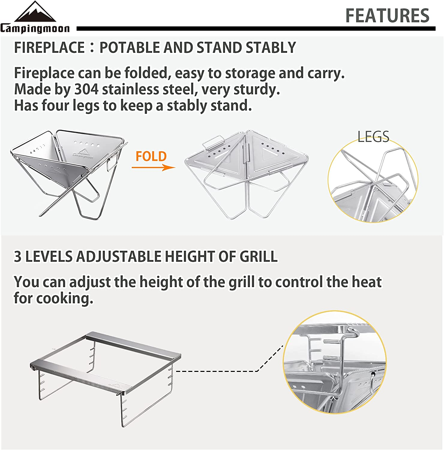 CAMPINGMOON Portable Camping Fire Pit BBQ Grill Outdoor Fireplaces Stainless Steel Large Size MT-045 image number 1