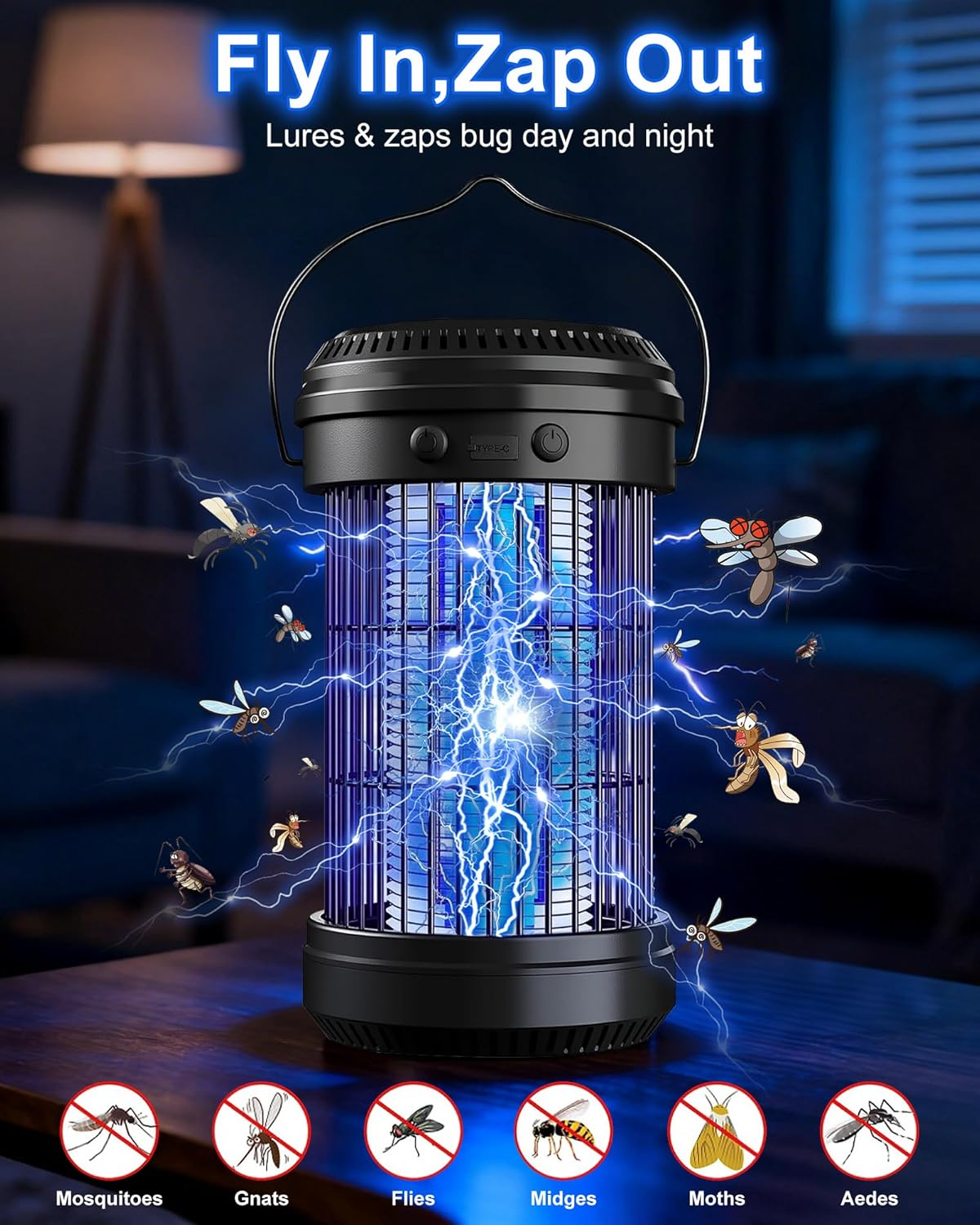 Necomi Solar Bug Zapper, Electronic Mosquito Killer/Insect Killer with LED Bulb Light, 3200Mah Solar & USB Charging Electric Bug Zapper Killer Lamp for Home Office Camping Backyard Outdoor image number 1