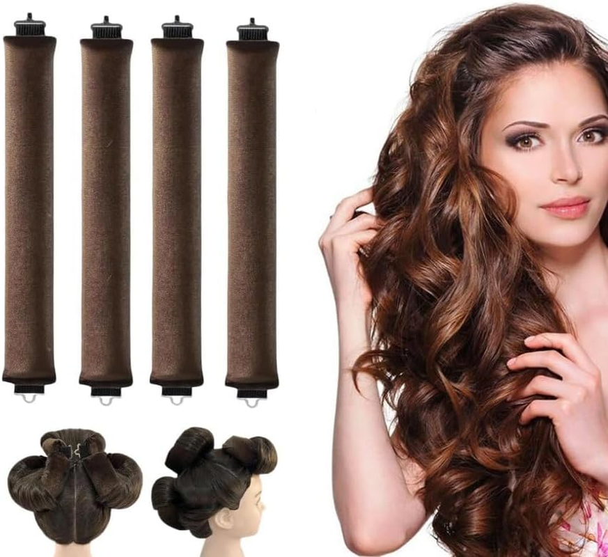4Pcs Heatless Hair Curler Set with Hook - Flexi Rods for Overnight Curls & Blowout, No Heat Curling Rods for All Hair Types, Soft Headband Hair Rollers for Natural Waves (Brown) image number 5