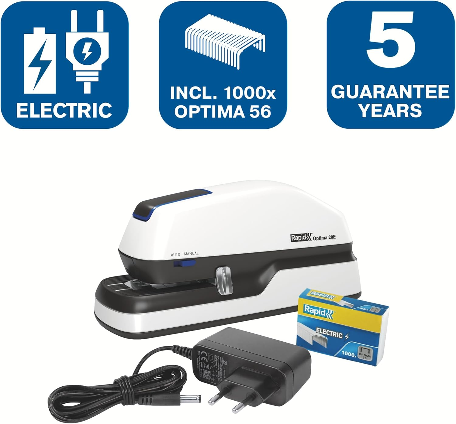 Rapid Optima 20E 2102351 Electric Stapler Set with 1000 Staples, Capacity 20 Sheets, with LED Indicator, Ideal for Office and Home Office, White image number 3