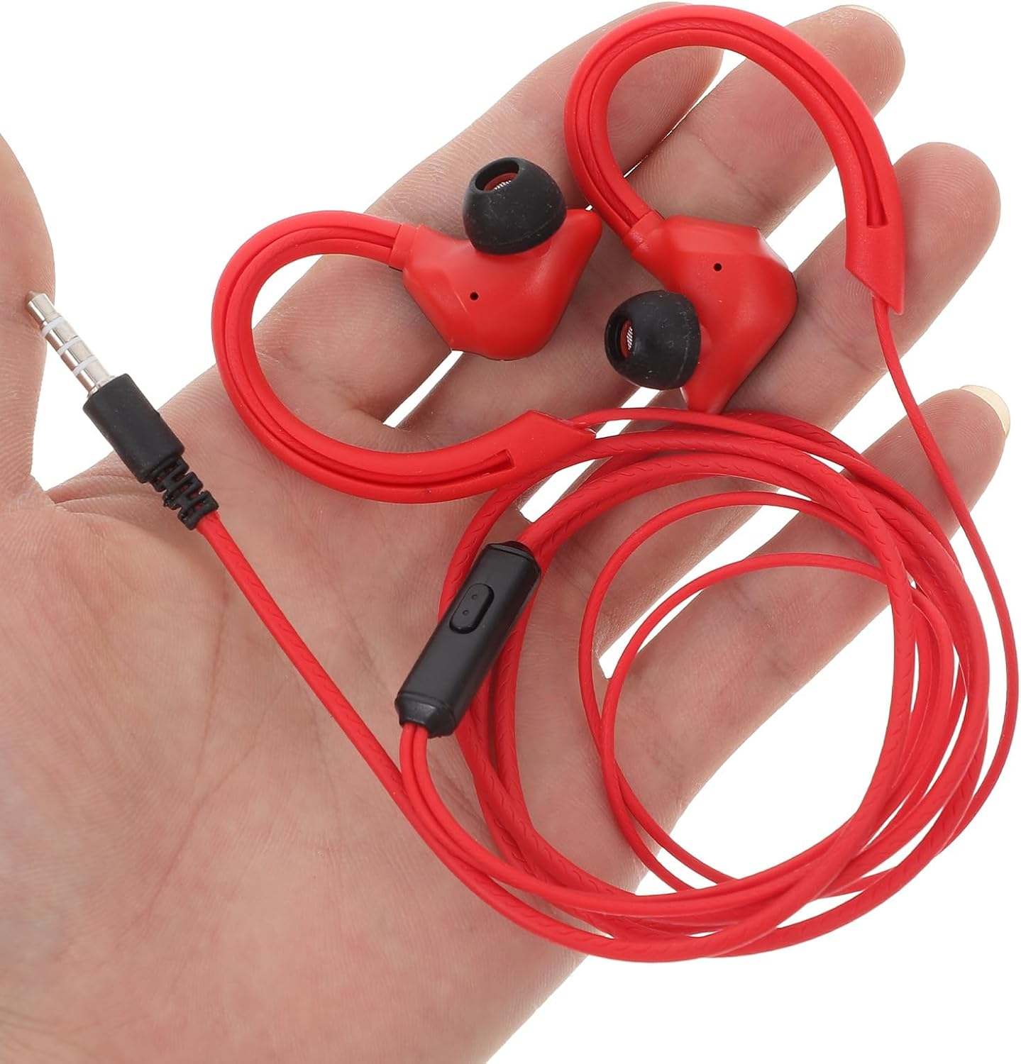 GRIRIW Wired Sports Earbuds with Ear Clip, Red Lightweight Headset with Inline Microphone, Bass-Enhanced Earphones for Running and Outdoor Use, Compatible with Smartphones