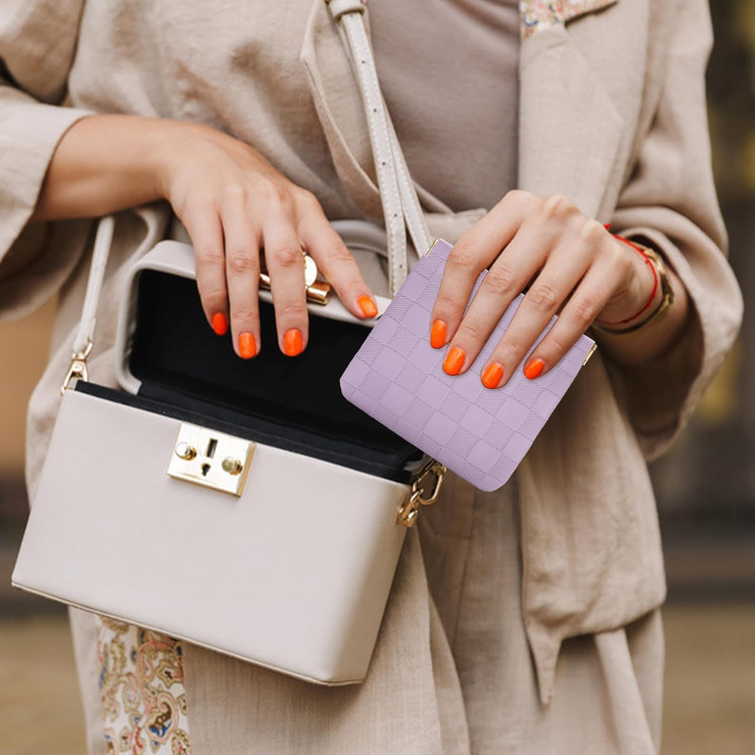 Sightor 2PCS Small Makeup Bag for Purse, Mini Cosmetic Bag Waterproof Pouch for Women, Checkered Purse Self-Closing Small Travel Kit Coin Lipstick Cosmetic Storage Bag, Pink, Purple, Checkered image number 2