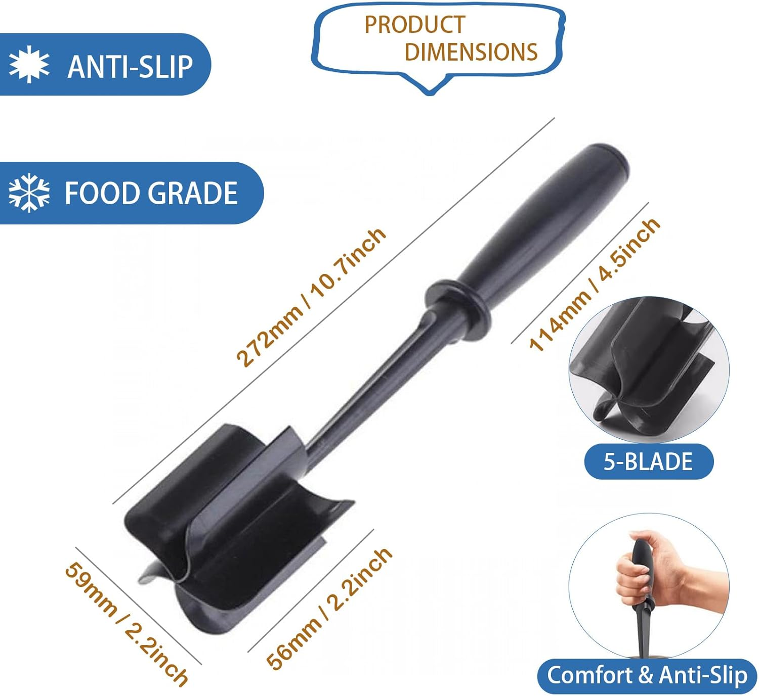 Loimon 5-Blade Meat Chopper & Hamburger Chopper Tool - Premium Heat Resistant Ground Beef Chopper, Frozen Meat Separator & Masher for Vegetables Dishwasher Safe image number 4