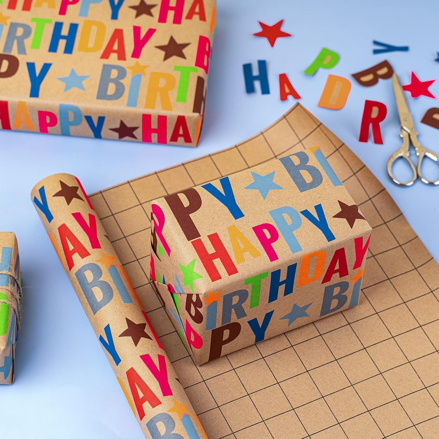 WRAPLA Kraft Wrapping Paper Roll 43Cm X 10M Colorful Text Happy Birthday Design Perfect for Birthday Holiday Wrap(17In X 33Ft) image number 4