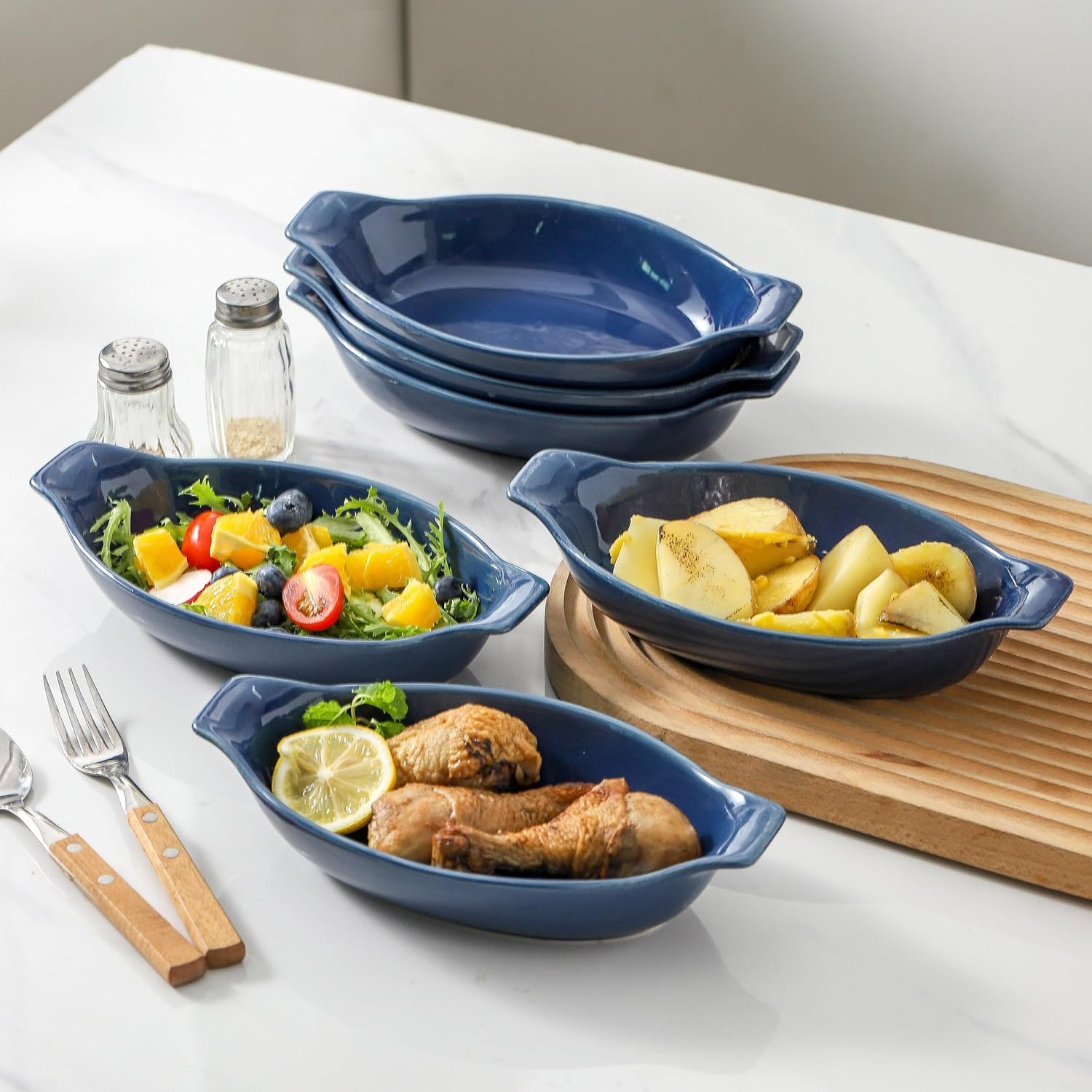 Au Gratin Baking Dishes Oven Safe, Ceramic Oval Baking Dish with Handles, Au Gratin Pans for Lasagna, Small Individual Gratin Dishes, Porcelain Mini Casserole Dish - 11.8Oz - 6Pc Set - Navy Blue image number 5