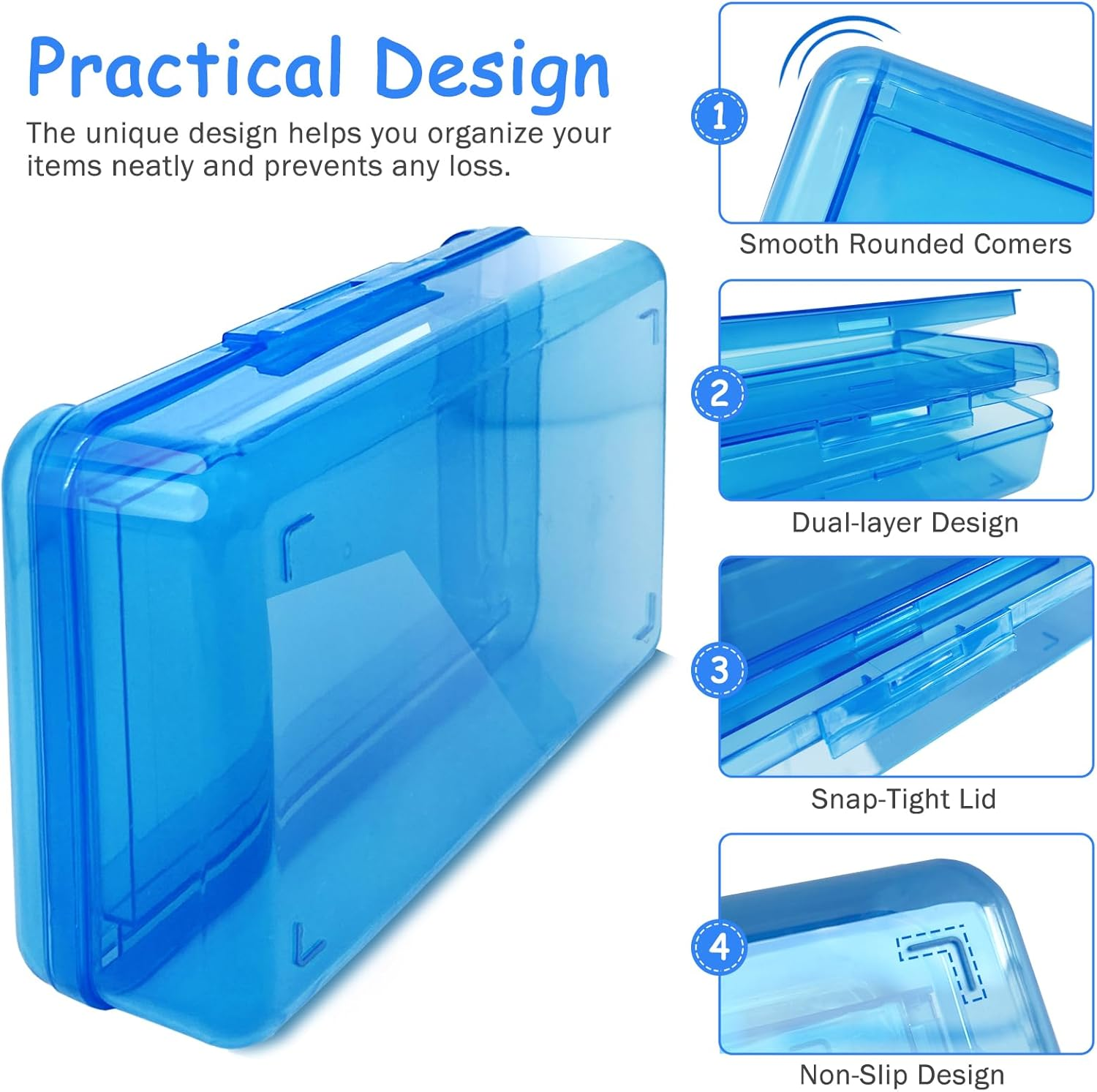 Nuozme Double Layer Large Capacity Pencil Box,Plastic Translucent Pencil Box, Hard Pencil Cases with Snap-Tight Lid for Pens, Pencils, School Supplies,Office Supplies, Medium-Sized,1 Pack - Clear image number 3