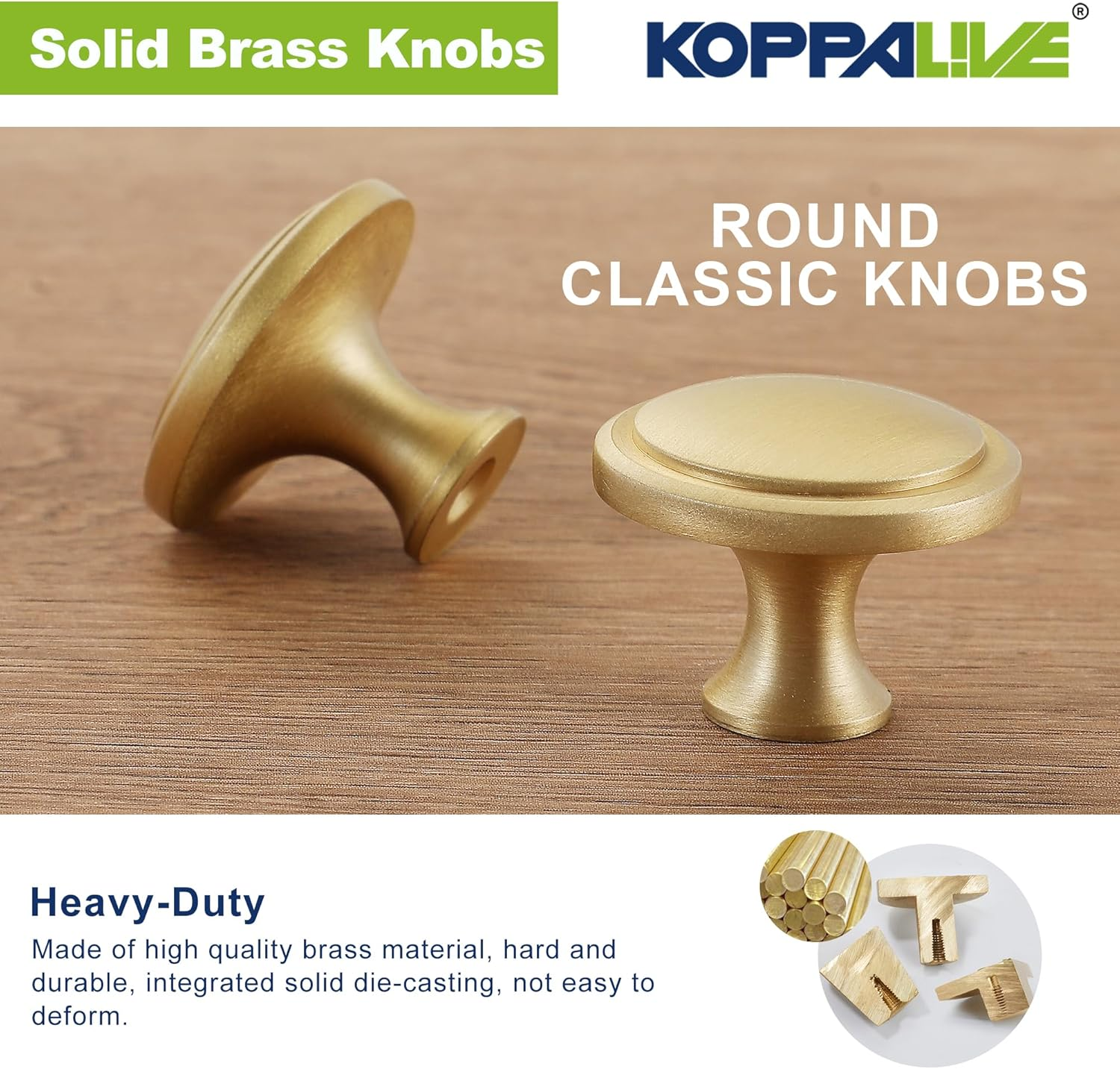KOPPALIVE 20-Pack Solid Brass Cabinet Knobs, round Gold Knobs for Dresser Drawers, Brushed Brass Dresser Drawer Pulls Handles, Hardware for Kitchen Cabinets, Diameter 1-1/4 Inch image number 3