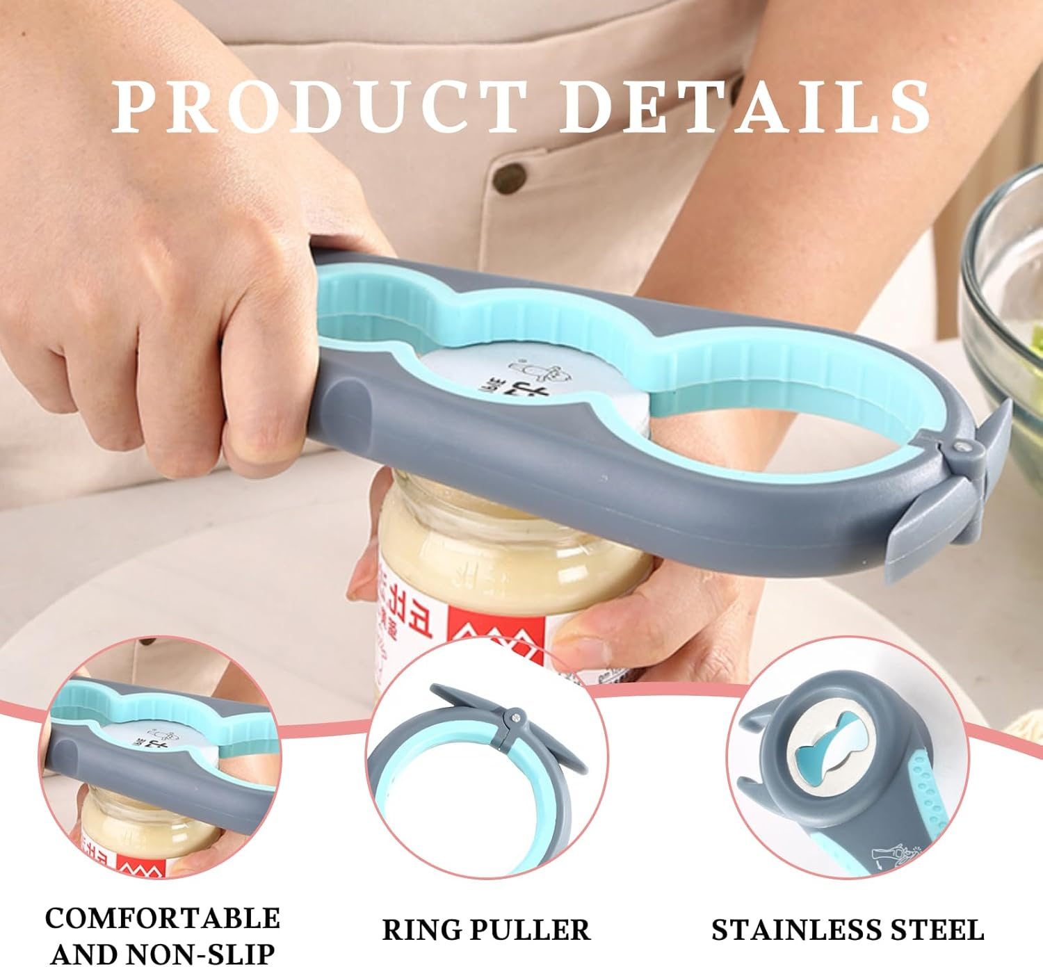 Multi-Functional Jar Opener, Bottle Opener, and Can Opener, for Weak Hands, Seniors with Arthritis, and Anyone with Low Strength, Easy Grip, Non-Slip Kitchen Tool for Various Lid Sizes (Blue and Grey) image number 3