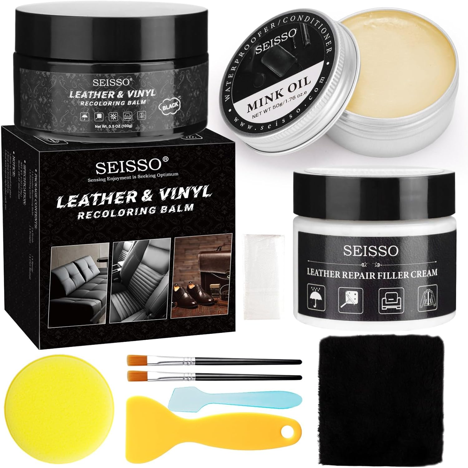 SEISSO Dark Black Leather Repair Kit, Recolouring Balm Restore Furniture Scratches and Fading with Mink Oil for Car Seats Sofas and Shoes image number 3