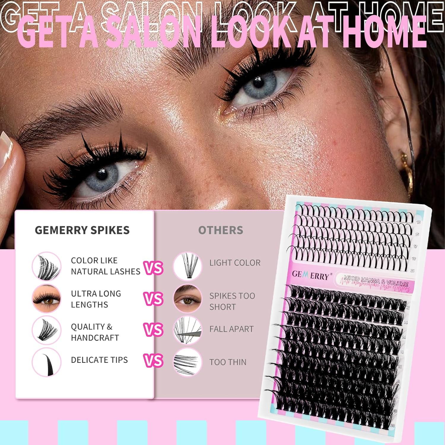 GEMERRY Lash Clusters with Spikes 80D Long 12-21Mm Cluster Eyelash Extensions DIY Wispy Natural Lashes Spiky Individual Mink Eyelashes(80D) image number 2