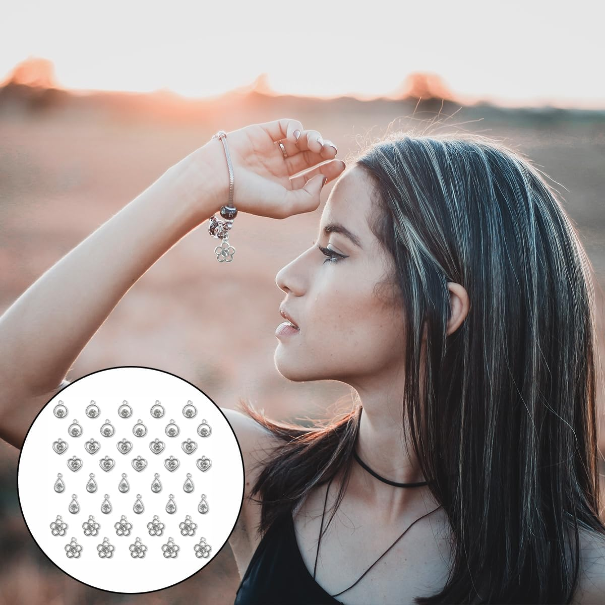 Rhinestone Pendant, 50 PCS Silver Star Heart Flower Teardrop round Charms for Jewelry Making, Bracelet, Necklace, Earring Accessories (About 14Mm) image number 1