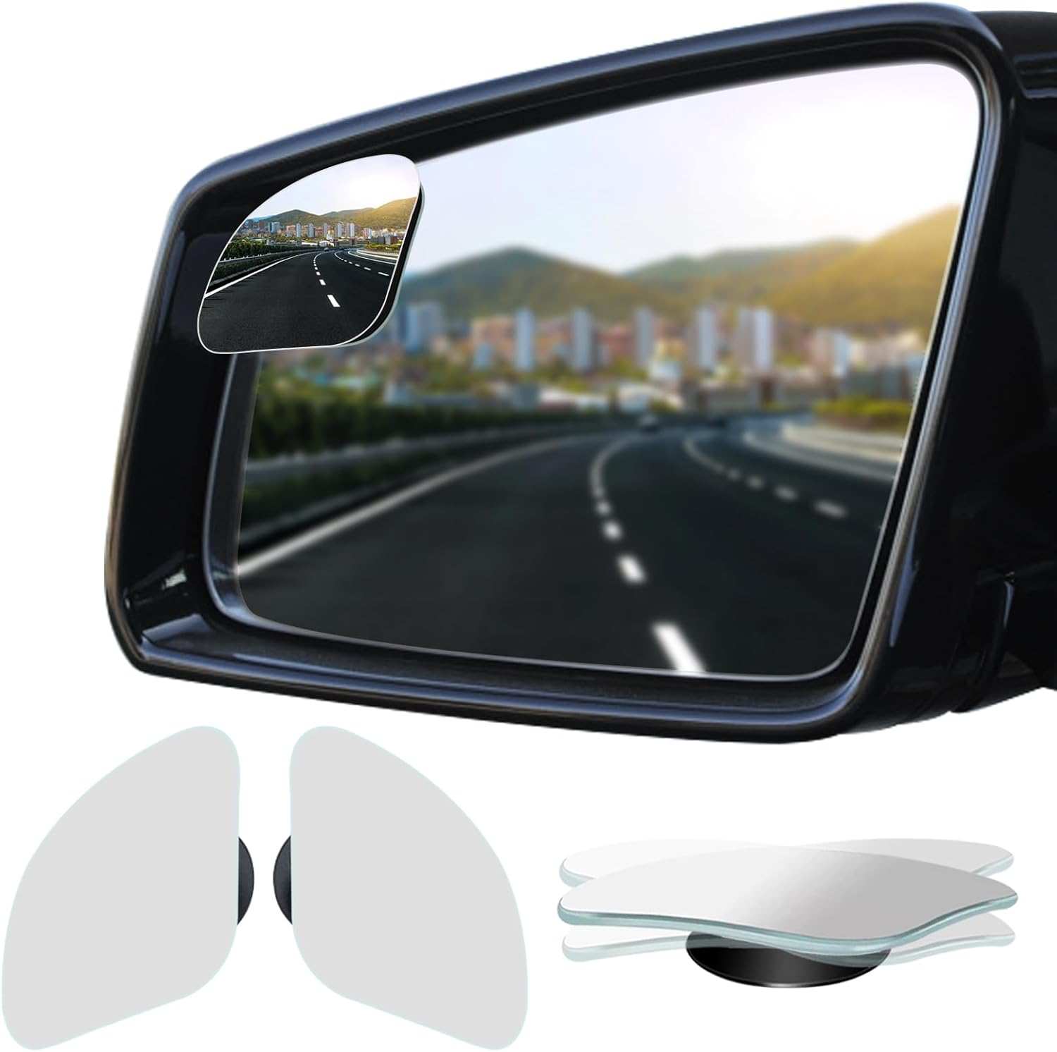 Ampper Blind Spot Mirror, Frameless HD Glass Convex Wide Angle Stick on Rearview Blindspot Mirror for Car Side Mirror Blind Spot (Fan, Small, Pack of 2) image number 1
