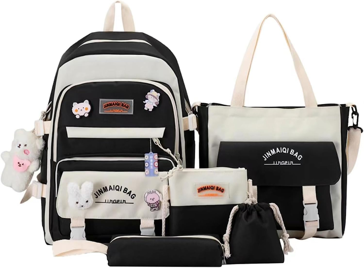 5 Pcs Cute Aesthetic Backpack Set with Pins and Pendant Kawaii Japanese Backpack College Laptop Bookbag Preppy Backpack