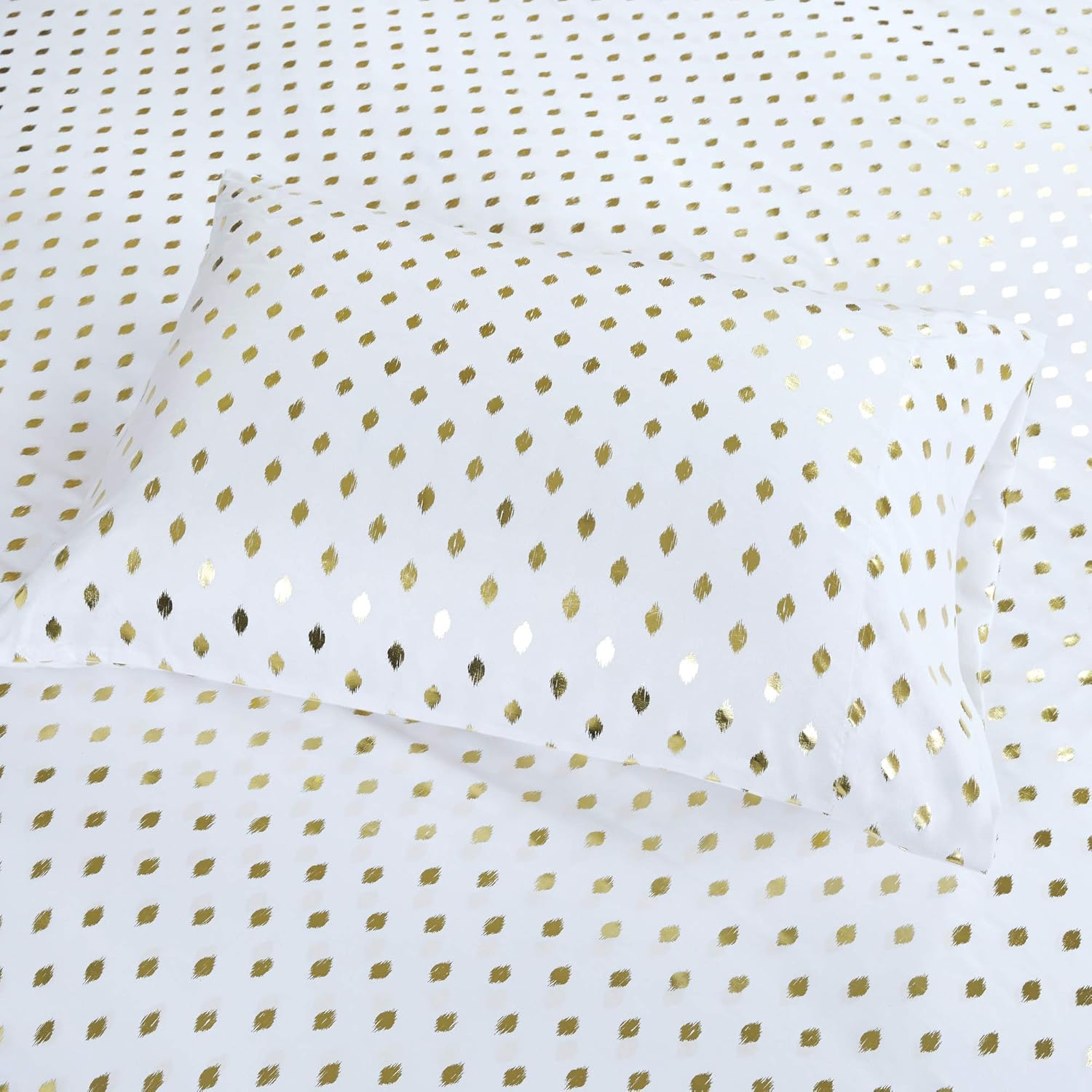 Intelligent Design Microfiber Cozy Bed Sheet Set, Modern All Season Bedding & Pillowcases, Premium 14" Elastic Pocket Fits up to 16" Mattress, Queen White/Gold Metallic Dot 4 Piece image number 1