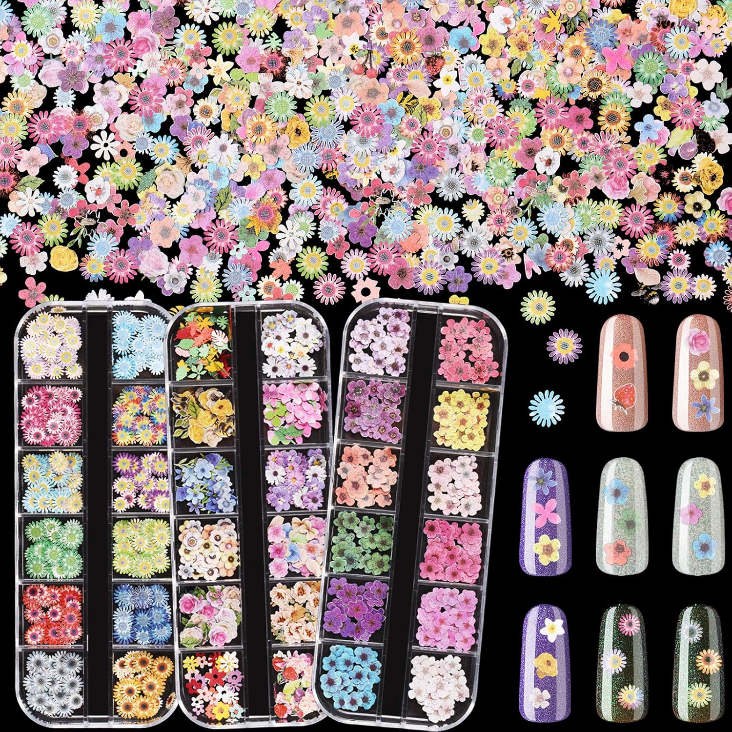 Maitys 3 Boxes 1080 Pcs 3D Flowers for Nails Decals (Not Self Adhesive or Stickers) Colorful Mixed 3D Flower Leaves Wood Pulp Nail Sequins for DIY Manicures image number 5