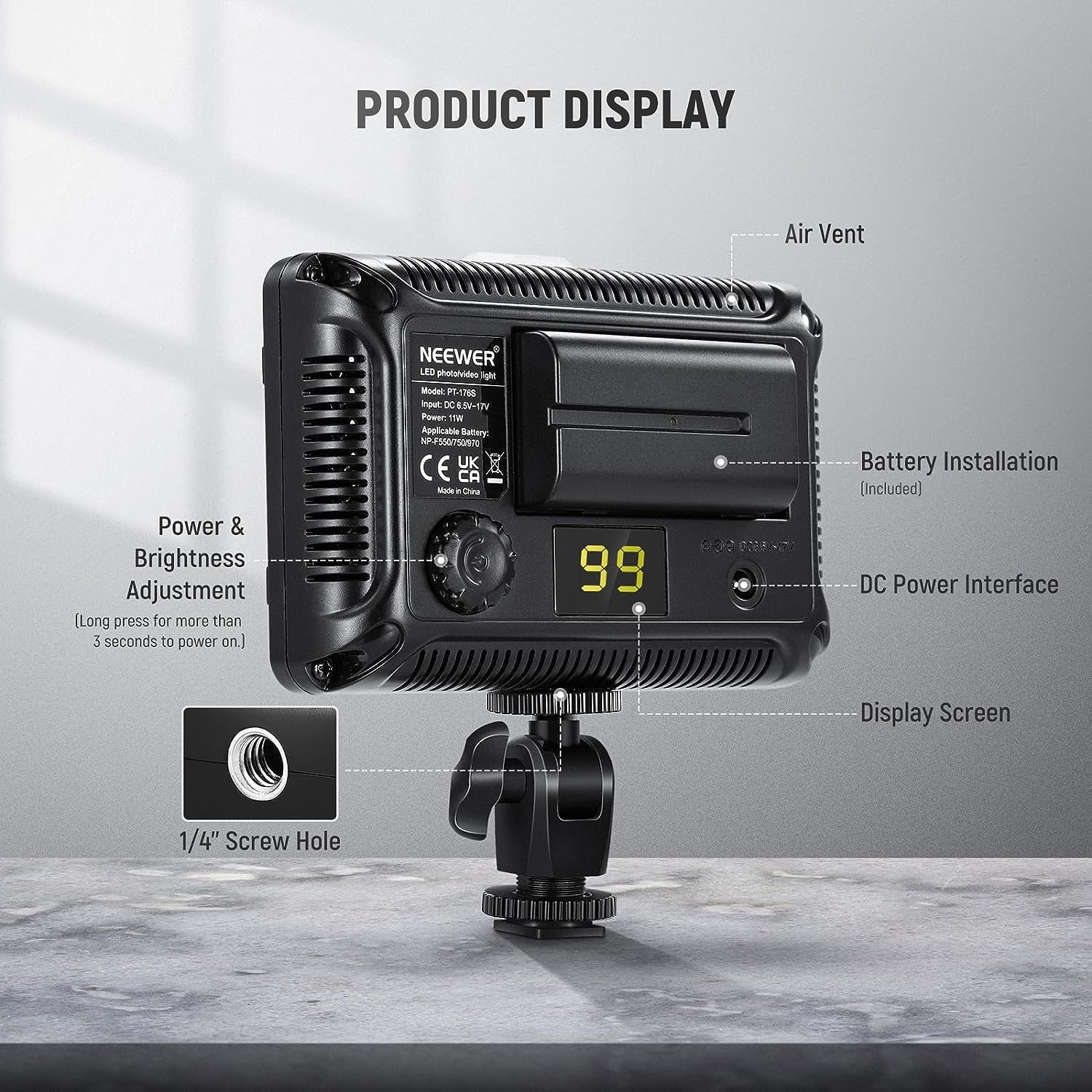 Neewer on Camera Video Light Photo Dimmable 176 LED Panel with 1/4" Thread for Canon, Nikon, Sony and Other DSLR Cameras, 5600K (Battery Not Included) image number 3