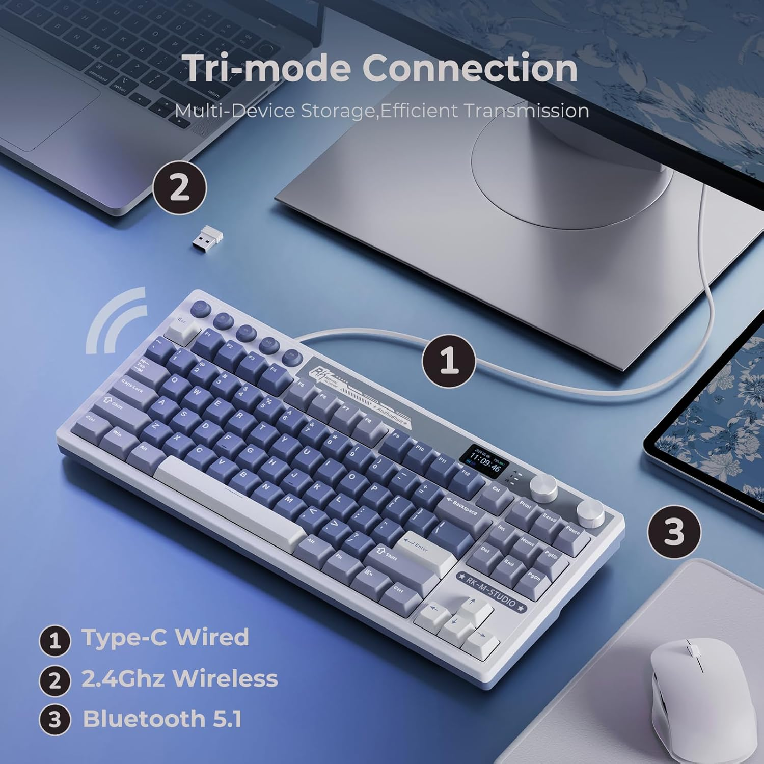 RK ROYAL KLUDGE M87 Wireless Gaming Keyboard with Screen and Dual Knob, 75% Percent 2.4Ghz/Bluetooth/Usb-C Gasket Mechanical Keyboard with 7500Mah Battery, RGB Backlit Hot Swappable Cream Switch, Blue image number 4