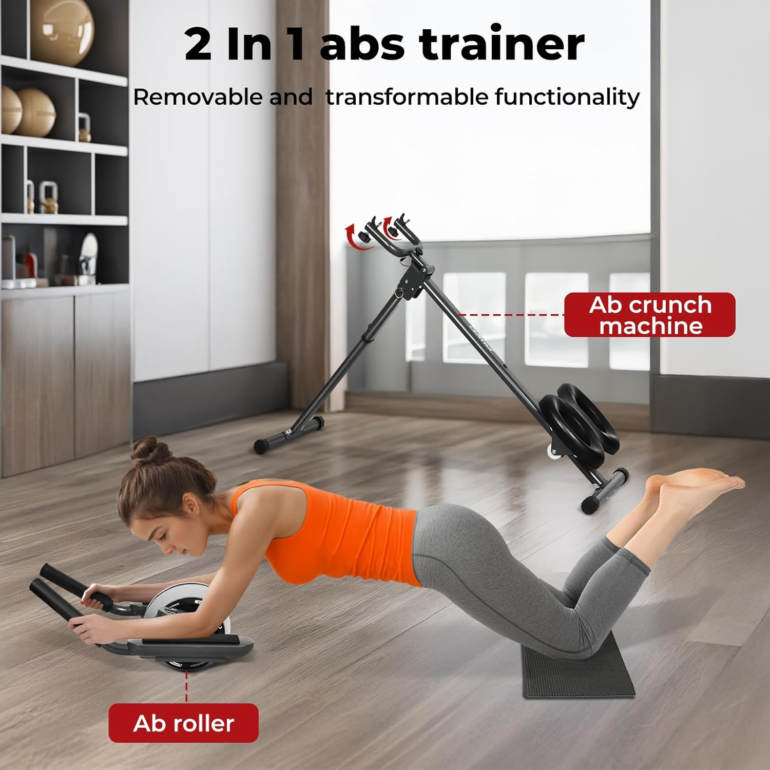 Centra 2 in 1 Ab Machine,Adjustable Abs Workout Equipment ,Foldable Ab Trainer Machine,Abdominal Trainer with Ab Roller Wheel Abdominal Exercise for Home Gym Fitness Equipment,Knee Protection, LED Monitor