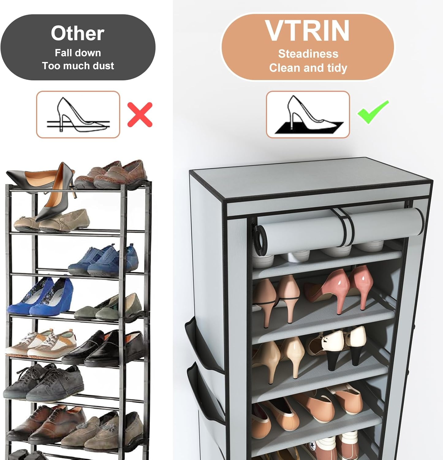 VTRIN Vertical Narrow Shoe Rack Organizer Tall Shoe Rack for Closet Entryway 10 Tier Non-Woven Cover Shoe Shelf Holds 20-22 Pairs Free Standing Shoe Storage Cabinet with Dustproof Cover, Grey image number 4
