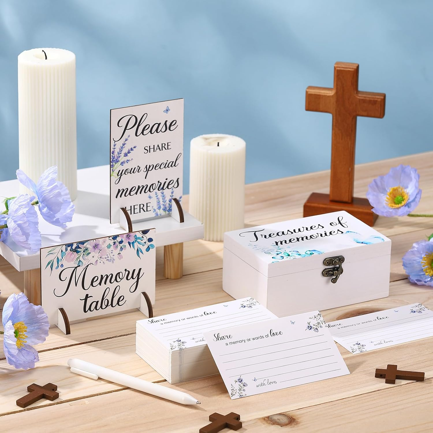 Gilprop 112 Pcs Celebration of Life Memory Cards Set Share a Memory Cards with Box 2 Wood Sign with 4 Hold and 5 Pens, Sympathy Memorial Gifts Funeral Keepsake Decorations (Butterfly) image number 2