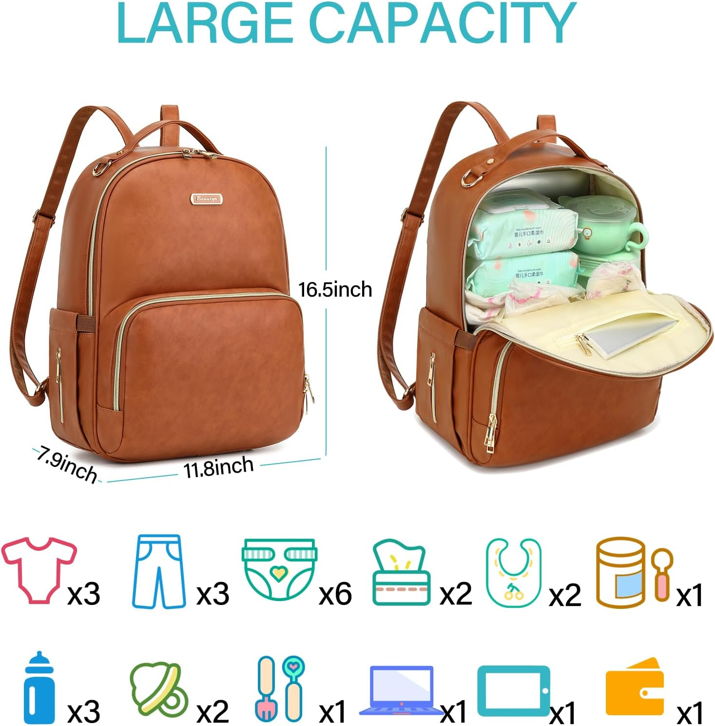 Leather Nappy Bag & Diaper Bag Backpack - Large Capacity Travel Baby Bag for Baby Essentials with Changing Pad, Multi Function Waterproof Design, Adjustable Shoulder Strap & Stroller Straps image number 1