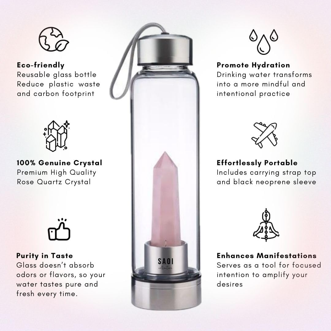 SAOI Crystal Water Bottle - Rose Quartz Gemstone Infused Elixir - Natural Wellness Healing - Glass/Stainless Steel - Water Bottle W/ Amethyst image number 6