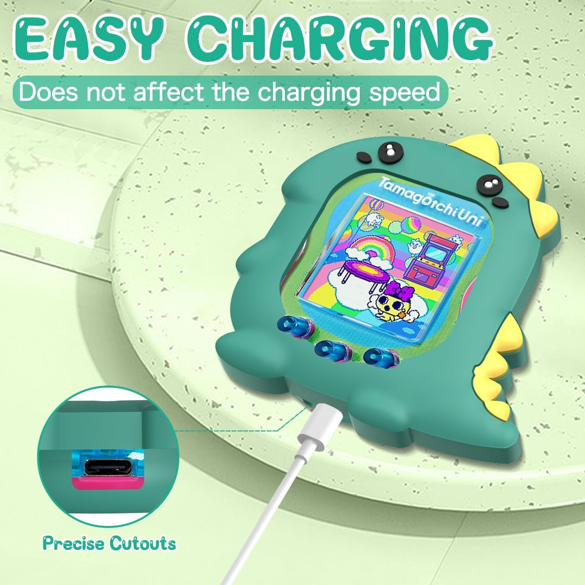 BEARDDO Silicone Case Compatible with Tamagotchi Uni Case, Cute Cartoon Green Dinosaur Virtual Pet Game Machine Protector Cover for Tamagotchi Uni Accessories with Ring Lanyard (Green Dino) - Cow image number 4