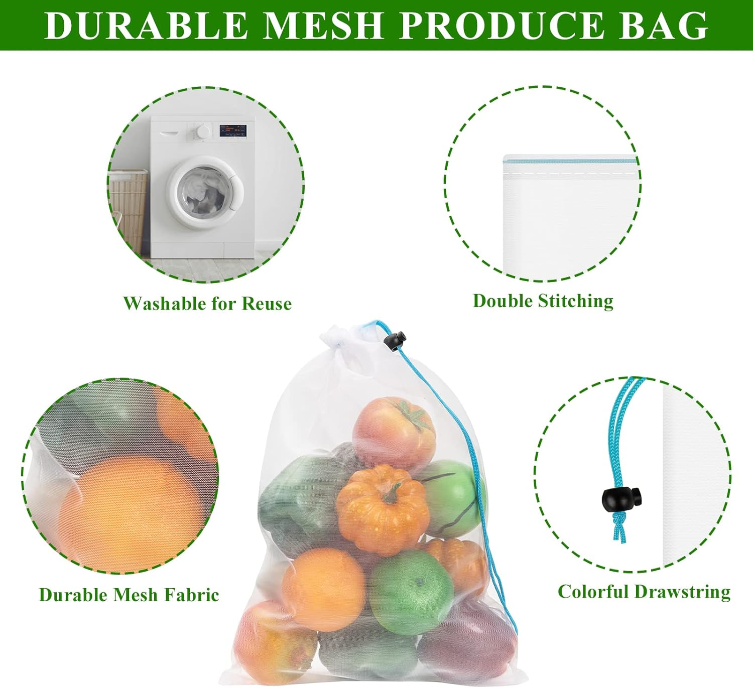 Set of 8 Reusable Mesh Produce Bags- Washable Produce Bags - 8 Blue Large (12"X17") See-Through Mesh Produce Bags for Storage Fruit, Vegetable, Toy image number 6