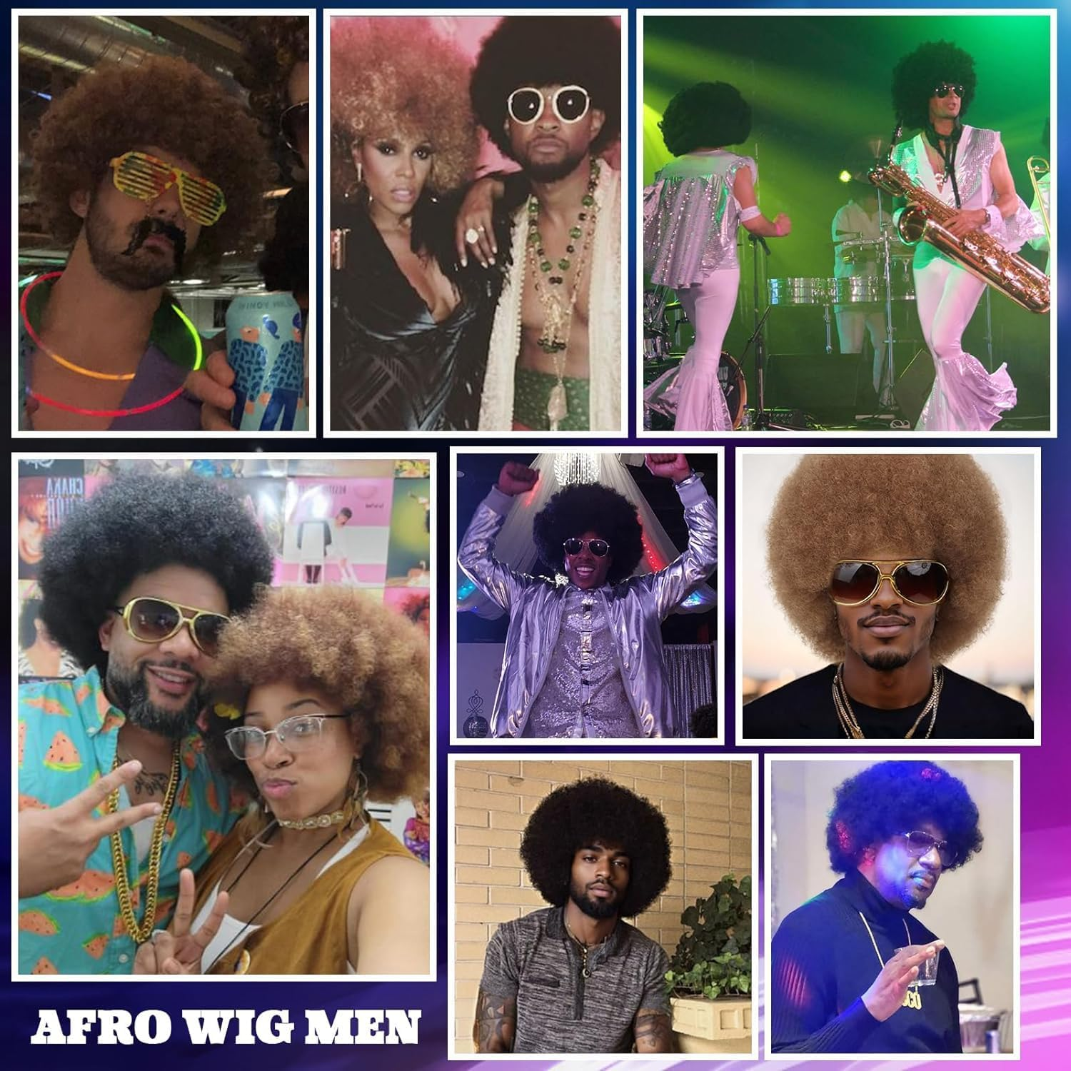 Mens Afro Wig Set for 70S Disco Party - 5Pcs (Glasses, Necklace, Mustache, Wig Cap) - Black image number 4