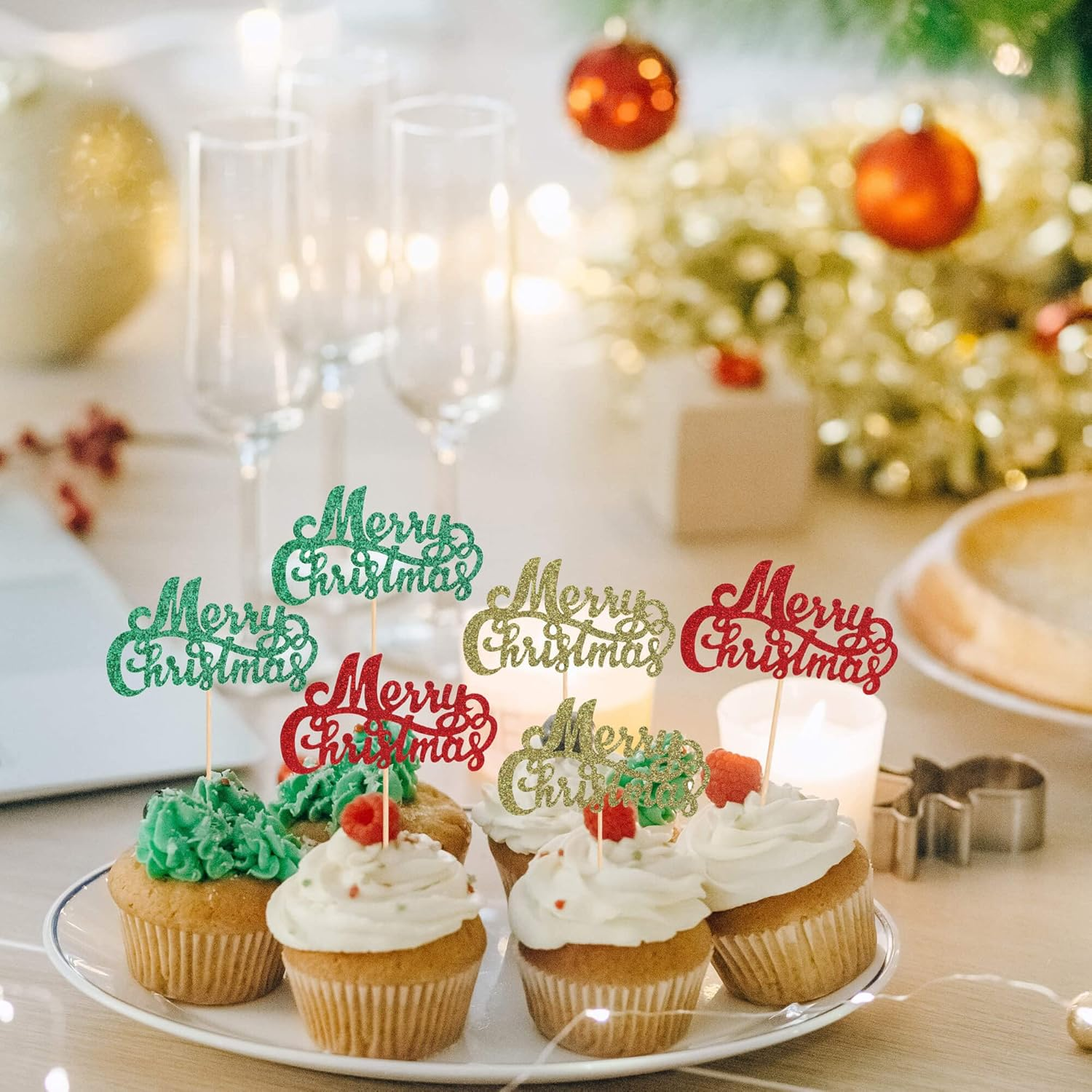 24Pcs Merry Christmas Cupcake Toppers Green Red Gold Glitter Christmas Cupcake Picks Merry Christmas Theme Happy New Year Party Cake Decorations Supplies image number 5