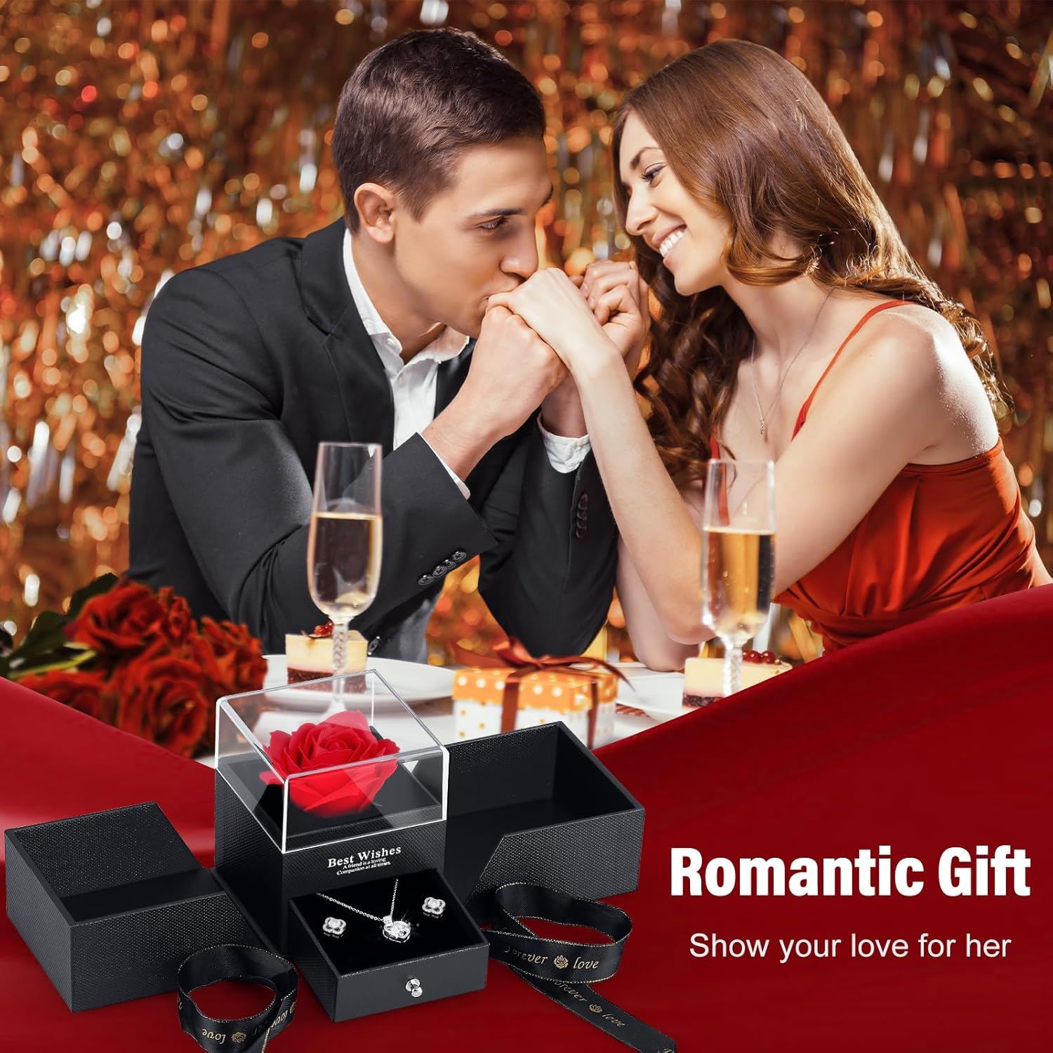 Preserved Red Real Rose with I Love You Necklace in 100 Languages, Eternal Flowers Rose Gifts for Mom Wife Girlfriend on Mothers Day Valentines Day Anniversary Christmas Birthday Gifts for Women image number 4