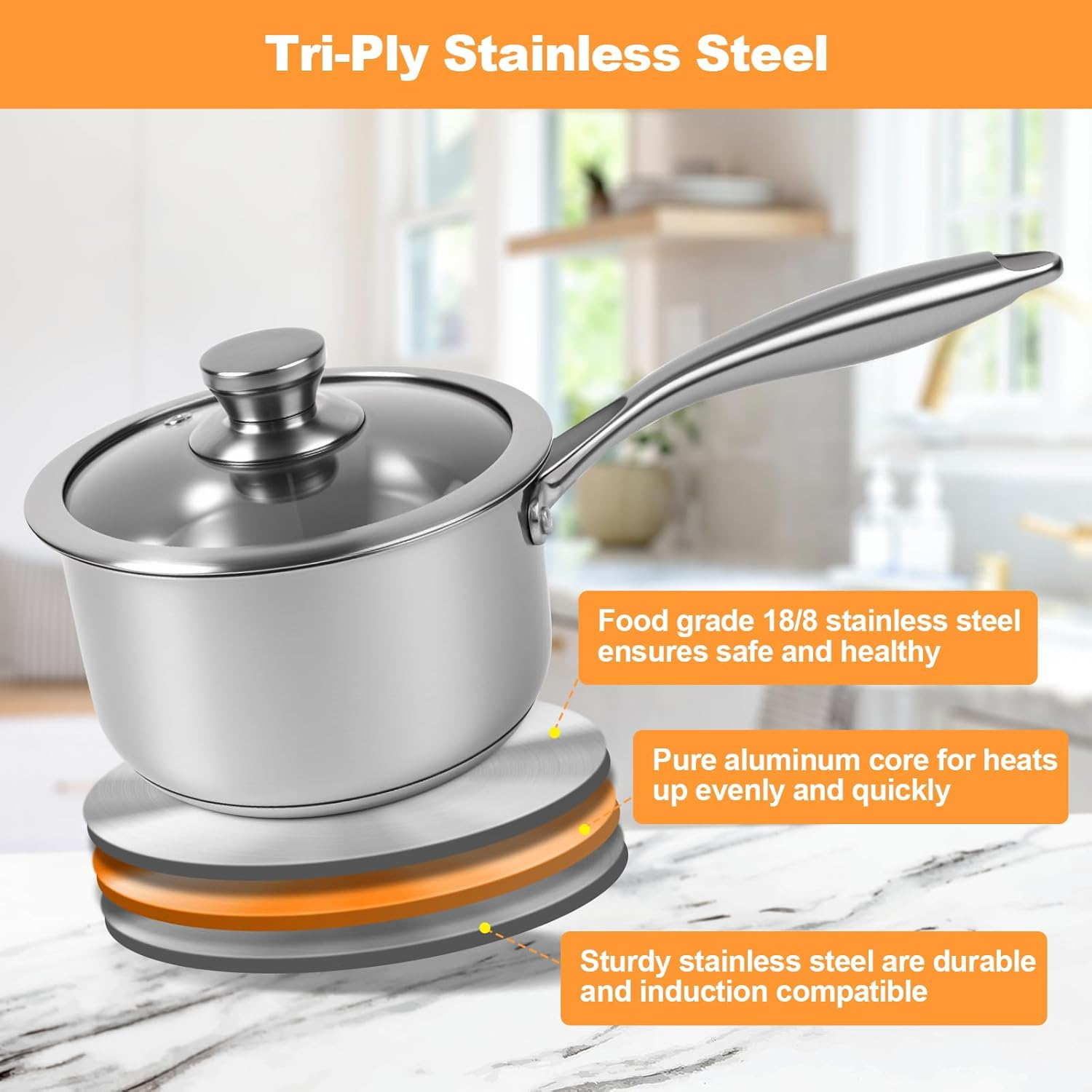 LZONEY 1.3 QT 304 Stainless Steel Saucepan with Lid, Professional Thickened Tri-Ply Milk Pan with Long Heatproof Handle, Non Toxic & Healthy, Dishwasher Safe image number 3