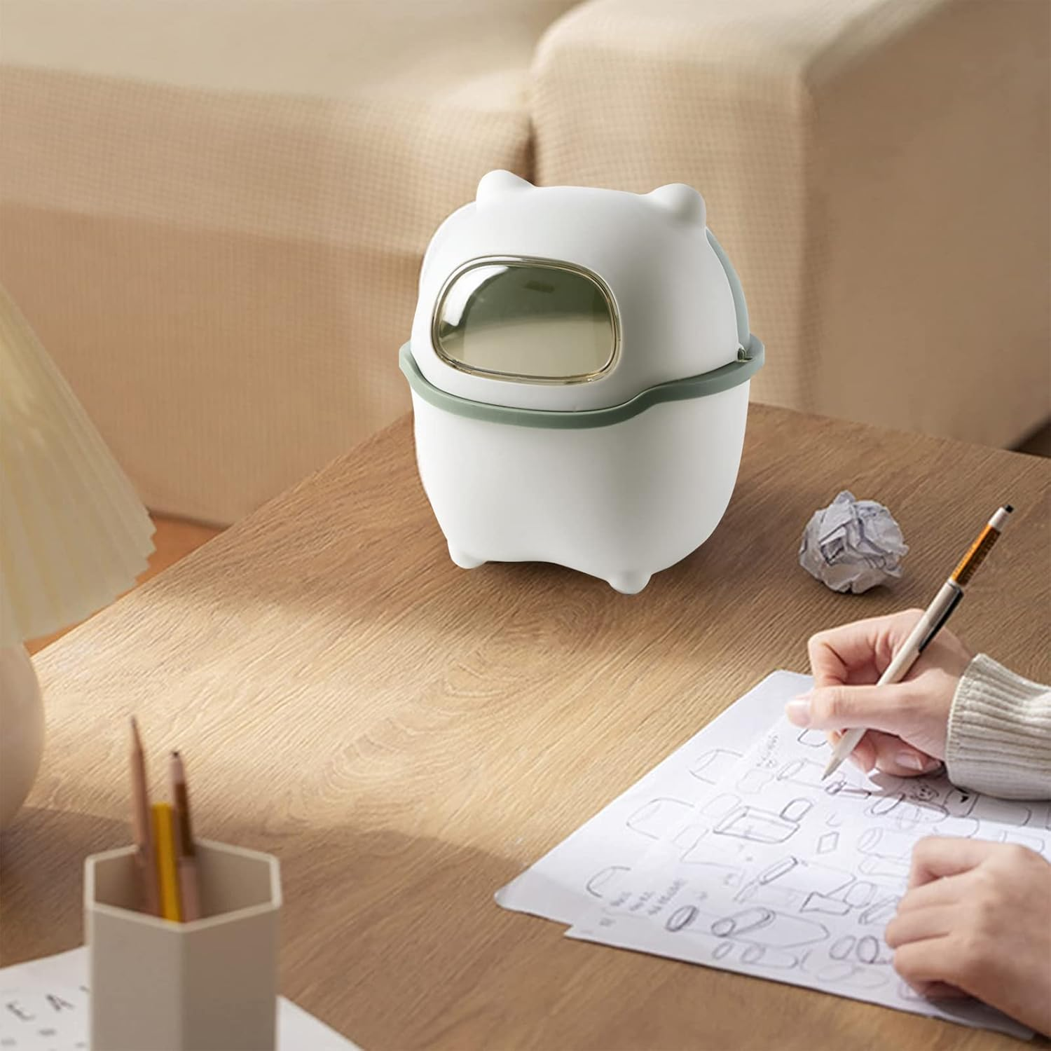 Benshukam Mini Desk Trash Can Flip Countertop Garbage Bin Small Trash Can Bathroom Trash Cans with Lids for Kitchens, Offices, Waste Basket for Dressing Table (Green) image number 5