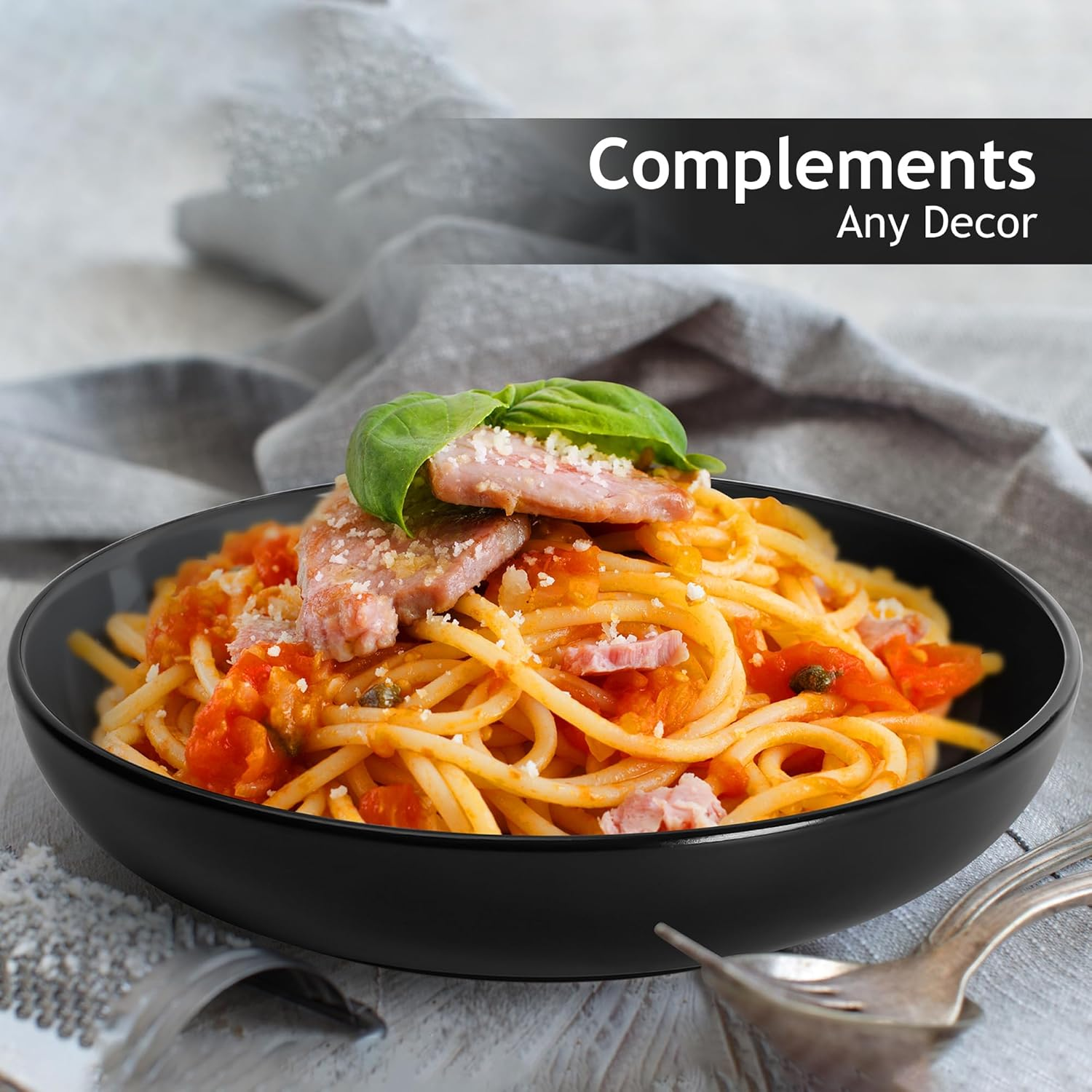 MIAMIO &ndash; 890 Ml Set of 6 Pasta Bowls/Salad Bowls, Pasta Plates Wide and Shallow Bowl, Large Ceramic Stoneware Deep Plate Serving Soup, Microwave and Dishwasher Safe - Le Papillon Collection (Black) - Black image number 6