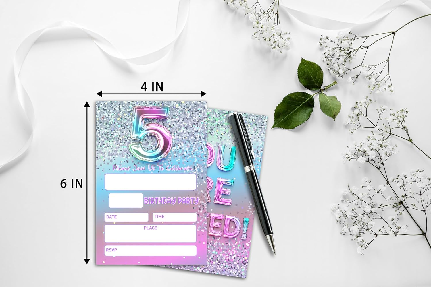 5Th Birthday Party Invitations for Girls or Boys, Silver Glitter Theme Birthday Parties Supplies Decorations, Rainbow Balloons Fill-In Invites(20 Invitations and Envelopes)-D01 image number 3