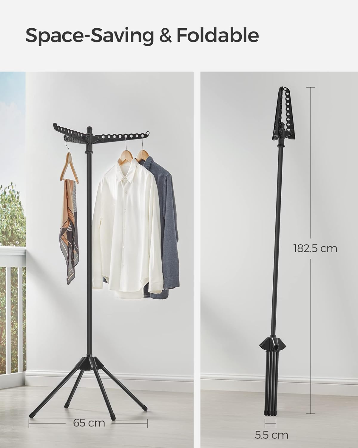 SONGMICS Clothes Airer, Clothes Drying Rack with 3 Rotatable Arms for Hangers, 4-Leg Indoor Folding Laundry Rack, Stainless Steel, for 27 Pieces of Clothes, 150 Cm High, Black LLR510B01 image number 3