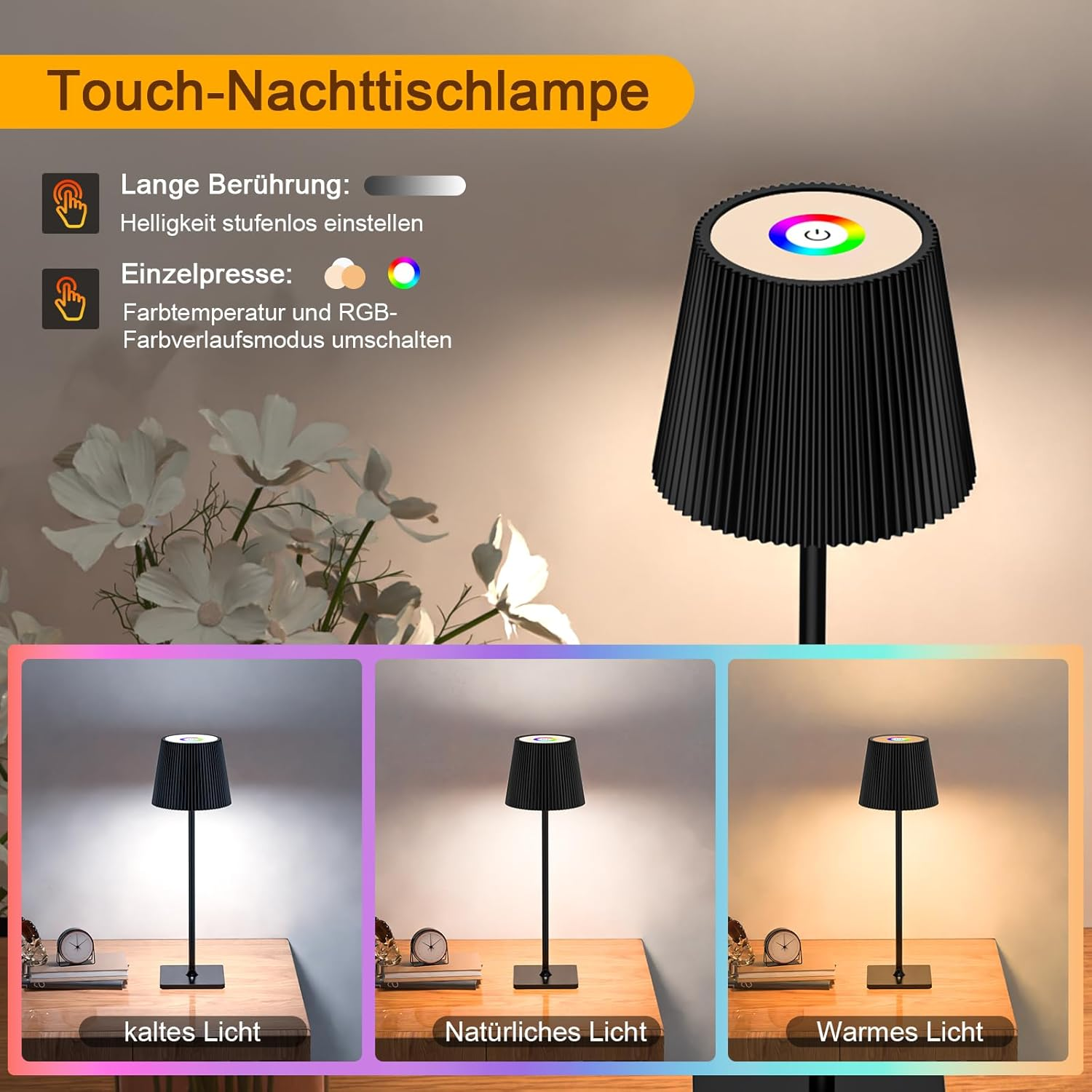 TRUMPETS LED Table Lamp Wireless Touch Dimmable RGB & 3 Colour Temperature 4800 Mah Bedside Lamp Battery Table Lamp Rechargeable Metal Material for Outdoor Bedside Table Dining Table Desk