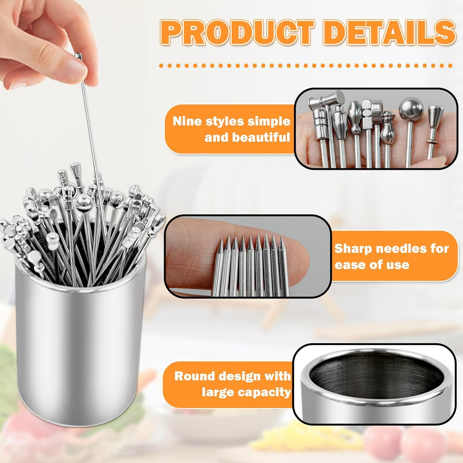 36 PCS Metal Cocktail Picks with Holder Kit, Martini Picks, Reusable 304 Stainless Steel Cocktail Toothpicks, Appetizer Skewers Set for Sandwiches, BBQ Snacks, Olives Fruits (Multicolor) image number 5