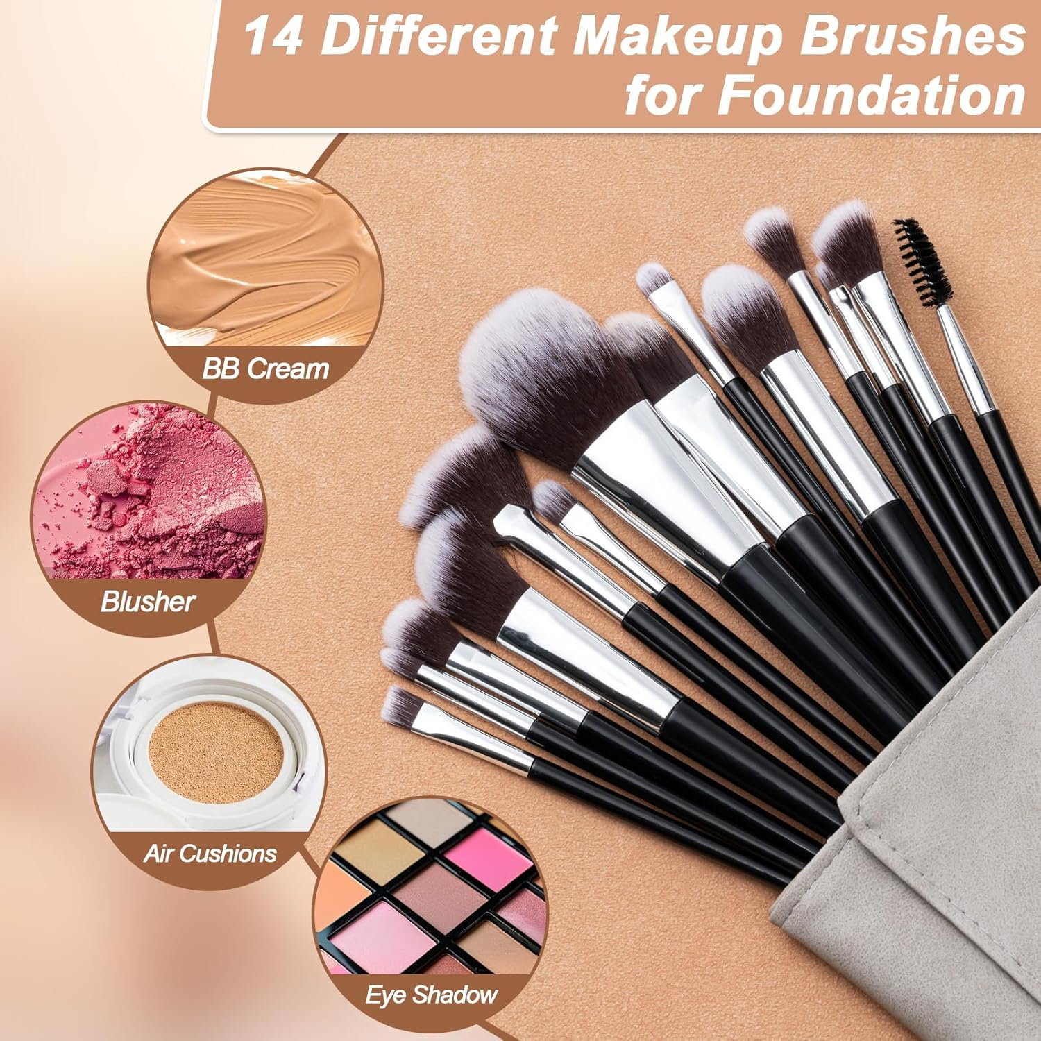 Makeup Brushes, 14 Pcs Professional Makeup Brush Set, Eye and Face Foundation Brush Set, Eyeshadow Brushes, Cosmetic Brushes, with PU Bag, Black image number 4