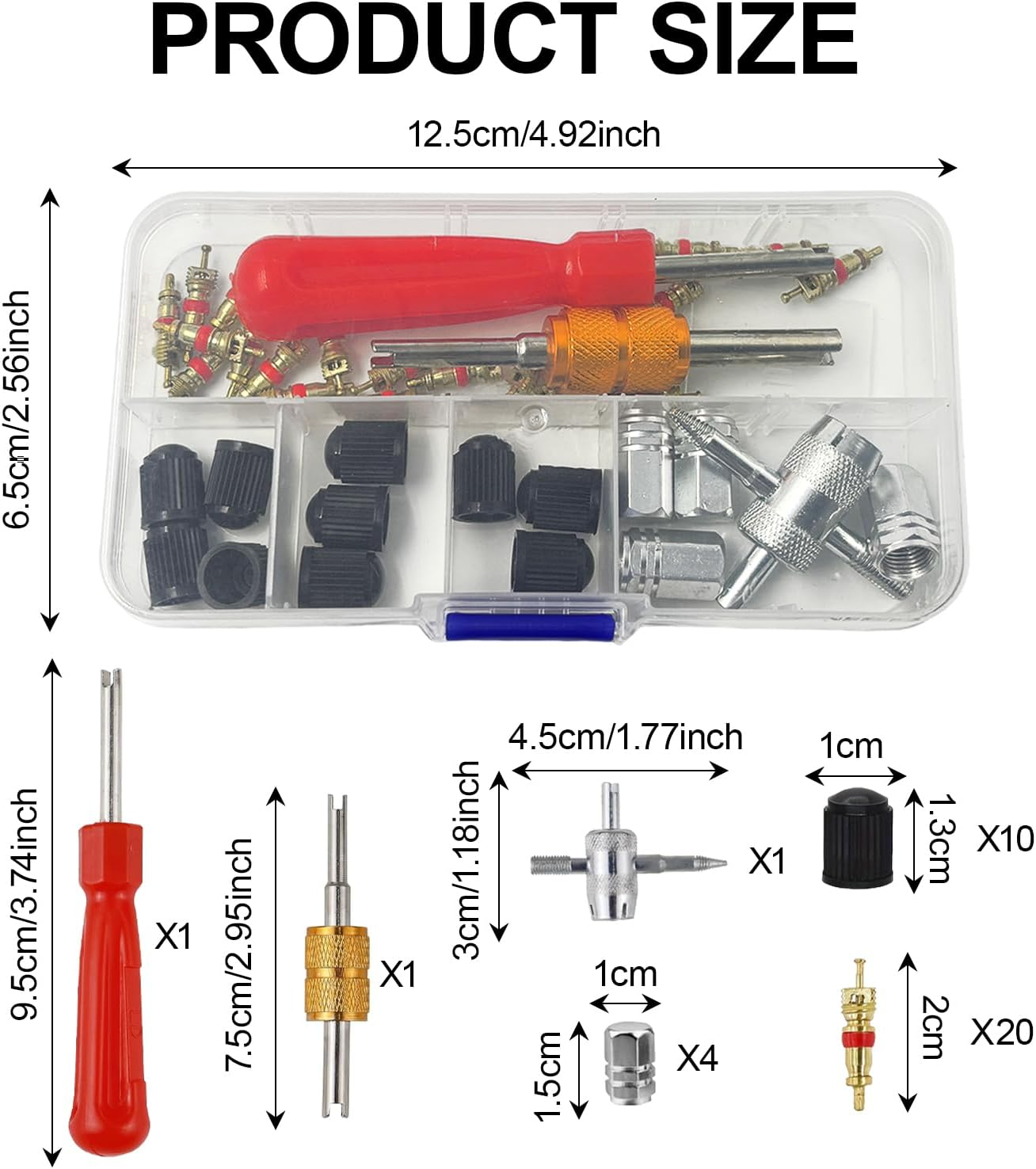 FENGRUI 37 Pcs Car Tyre Valve Removal Tool Set,4-Wayvalve Tool | 10 Pcs Tirevalve Caps | 20Pcs Valvecores Tyre Valve Repair Kit Dual & Single Headvalve Core Remover for Car Bicycle Auto