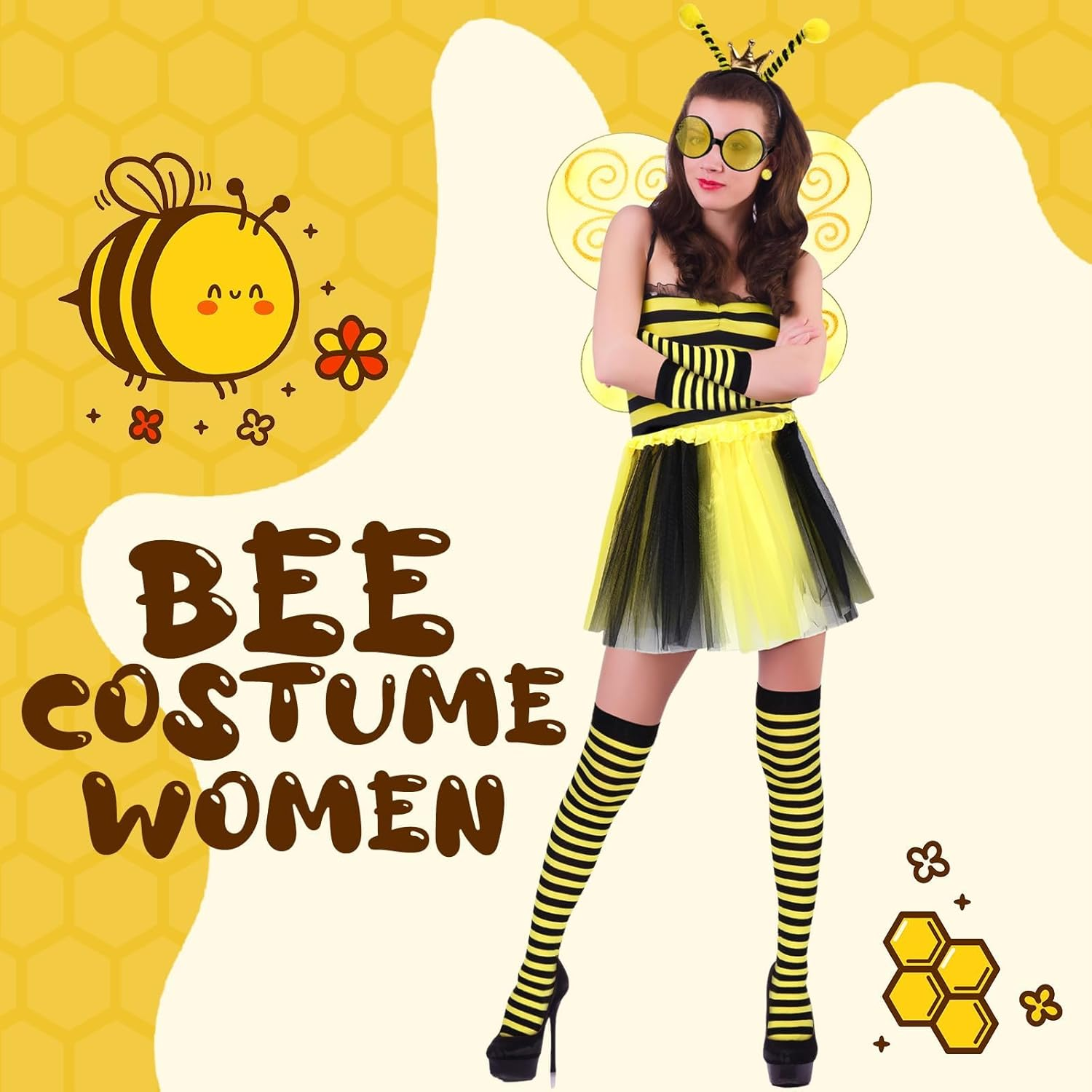 AUTOWT Adult Halloween Bee Costume Set, 5 PCS Queen Bee Dress up Accessories Kit for Women with Fancy Tutu Skirt Striped Leg Warmers Antenna Headband Gloves Glasses for Party Carnival Fun Cosplay image number 3