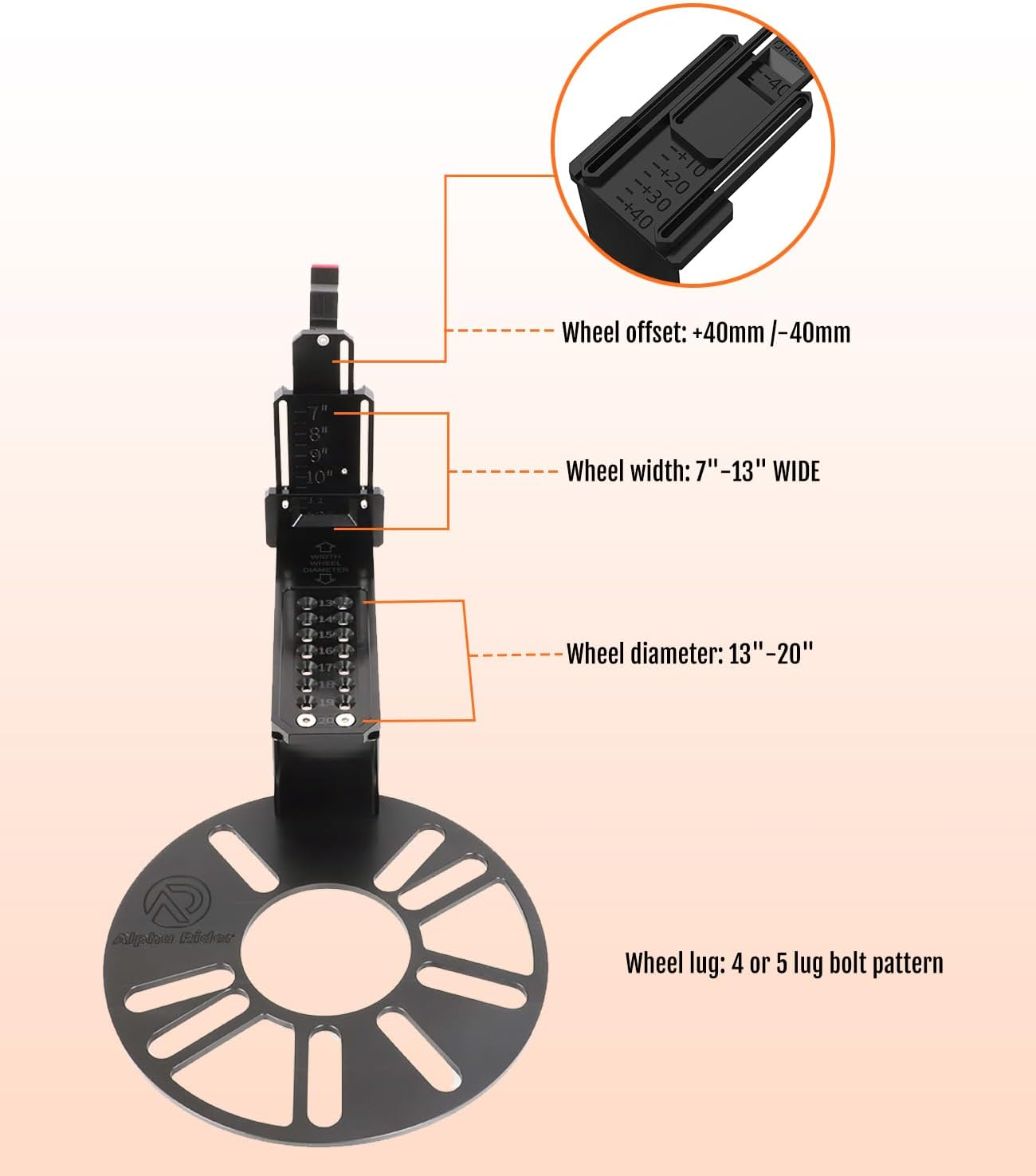 Alpha Rider Universal Wheel Fitment Offset Tool Wheel Tool Car Wheel Offset Measuring Gauge Hub Tool Supports 13 to 20 Inch Wheel Diameters 4 and 5-Lug Wheel Bolt Pattern image number 2
