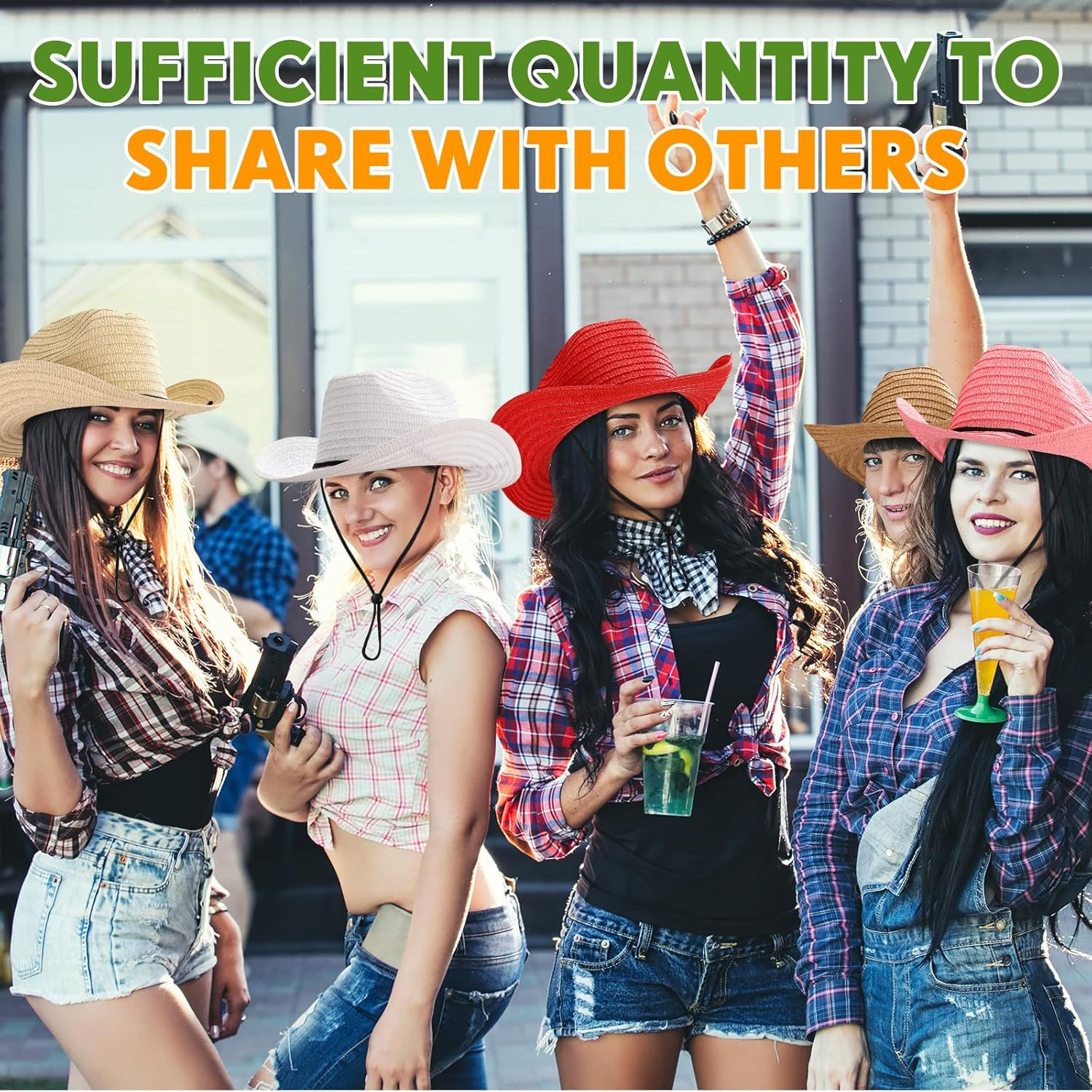 Unittype Adult Cowboy Hat Bulk Western Party Straw Hat Unisex Cowboy Cowgirl Set for Women Men image number 5