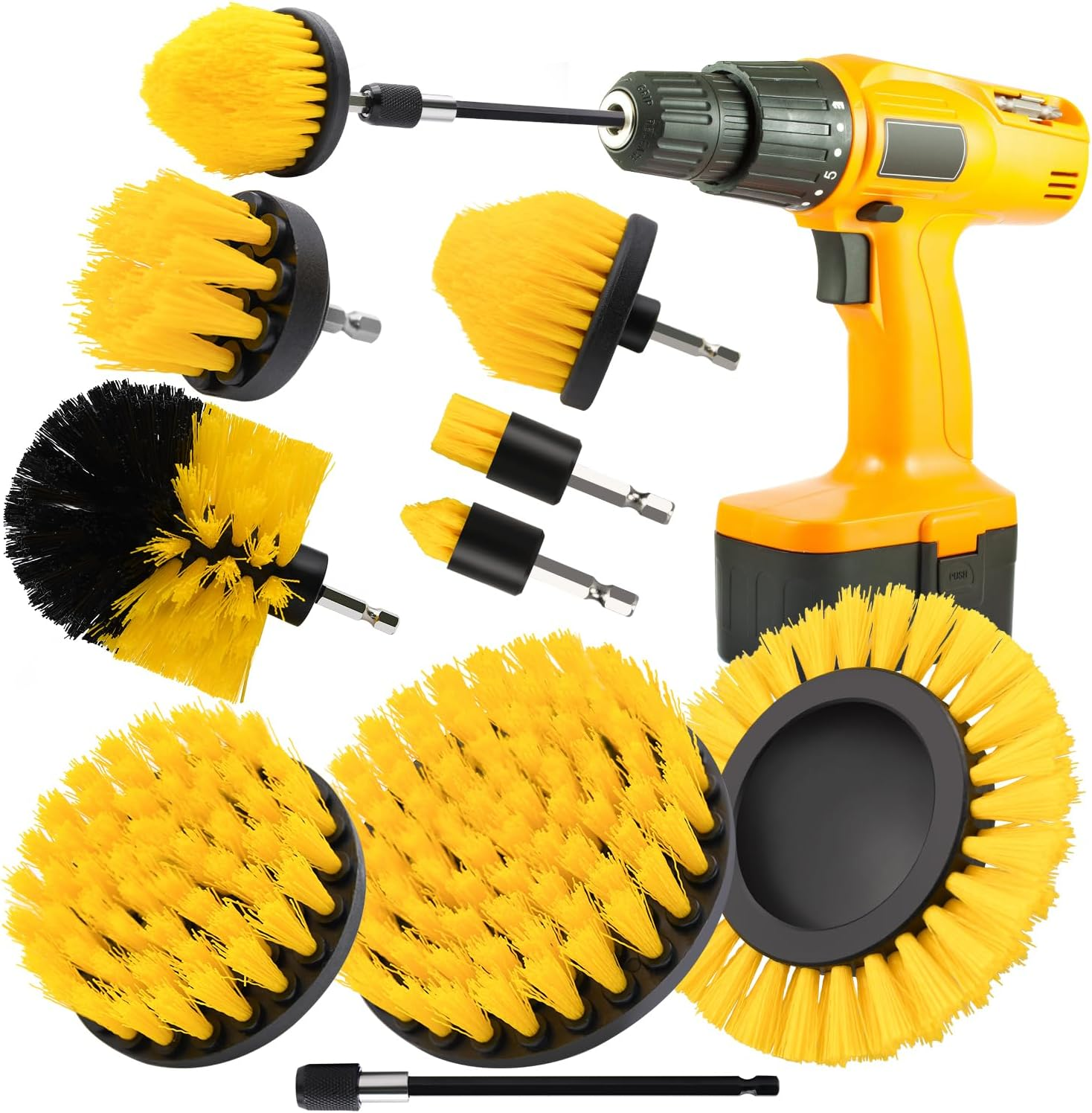 Mini Drill Brush Attachment Set, Includes 2 Tapered Brushes & 2 Flat Brushes, 1 Extension Rod, Small Corner Brush for Detailing Deep Cleaning(5Pcs)