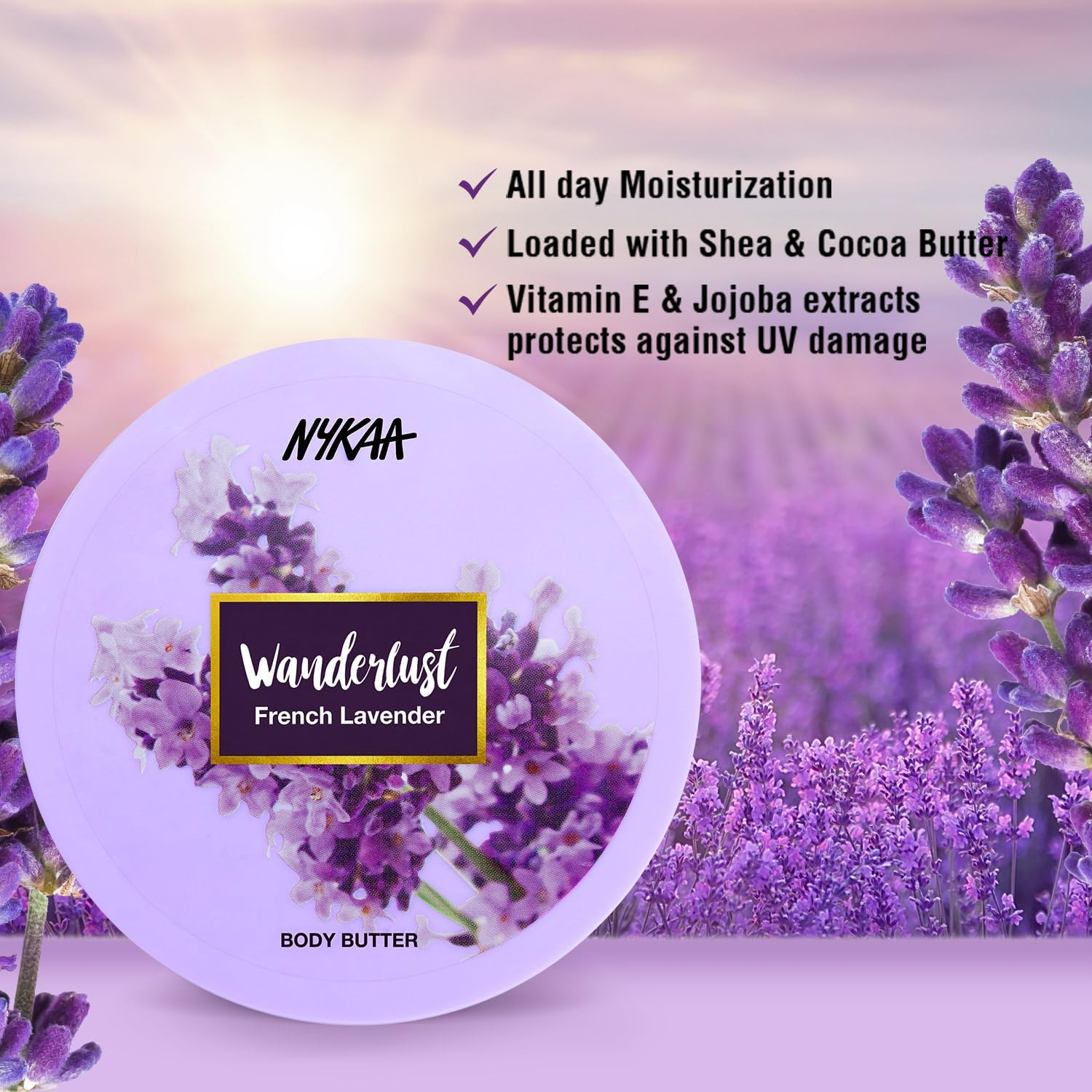 Nykaa Wanderlust French Lavender Body Butter with Shea & Cocoa Butter - Vitamin E & Jojoba Extract, Deeply Moisturize & Hydrate Skin, Sodium & Sulphate Free, Paraben Free - 200Ml image number 3