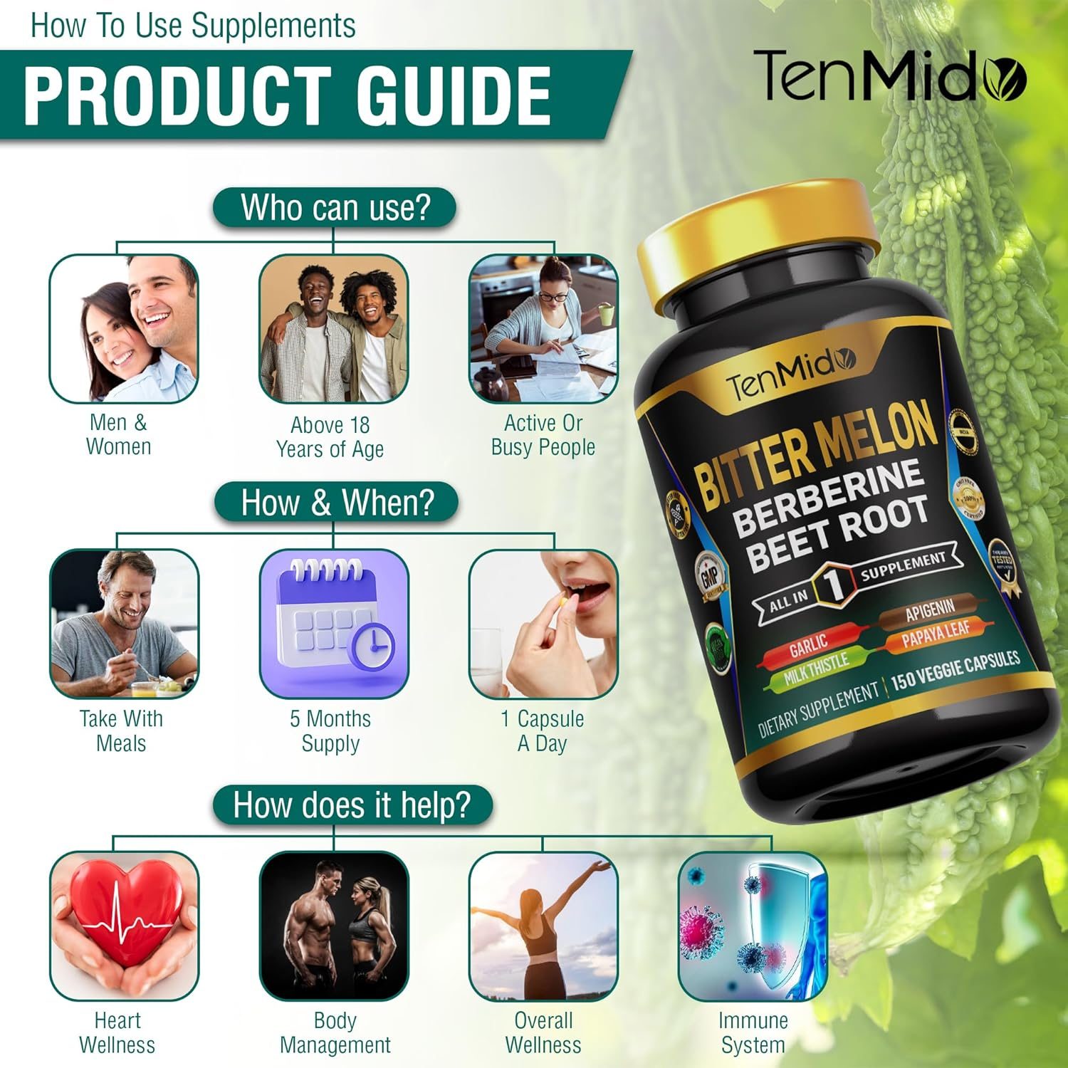 Bitter Melon Supplement - 8In1 Formula - Combine with Berberine, Beet Root, Garlic, Milk Thistle, Apigenin, Papaya Leaf, and Black Pepper - 150 Vegan Capsules for 5 Months Supply image number 2